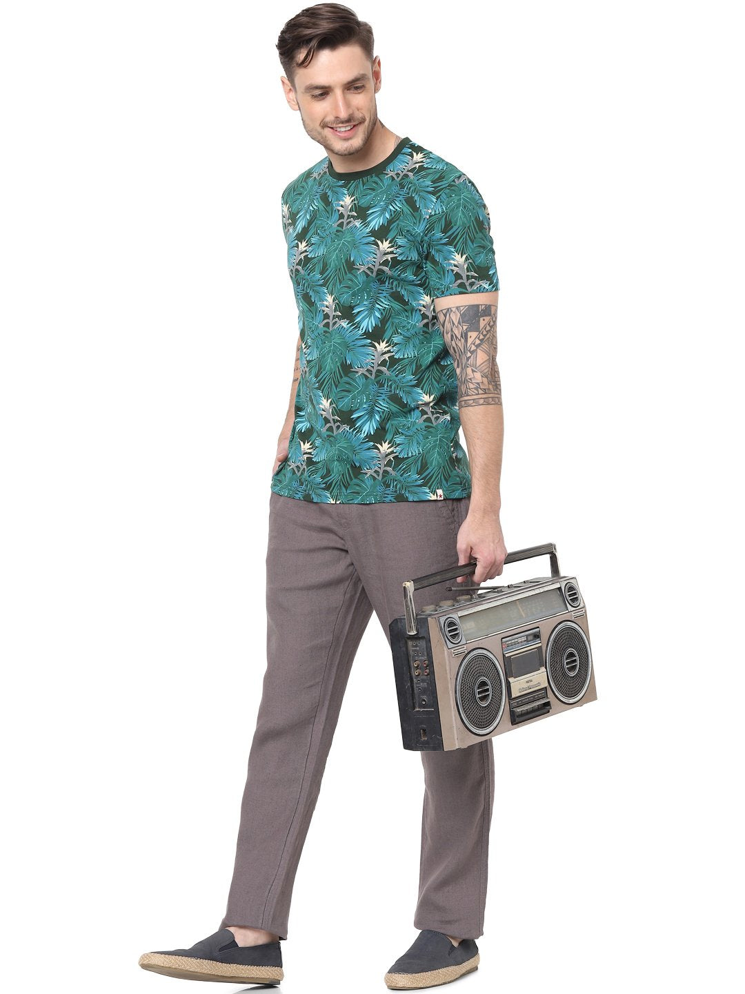 Celio* Men Green Printed Regular Fit Cotton T-shirts