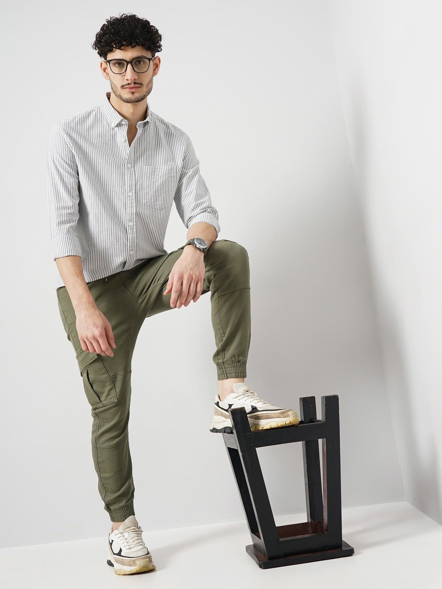 Celio* Striped Regular Fit Cotton Grey Shirt