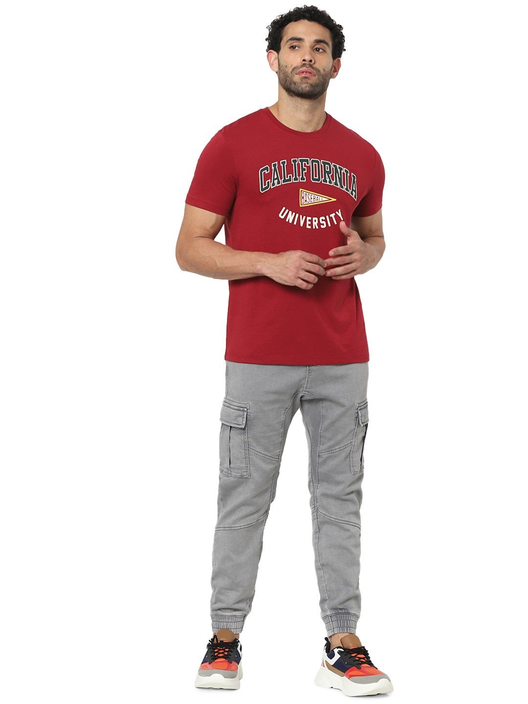 Celio Men Red Printed Straight Fit Cotton T-Shirts