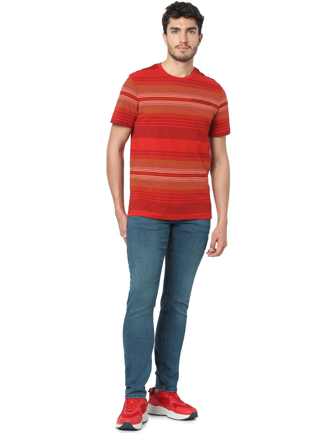 Celio Men Red Striped Regular Fit Cotton T-Shirts
