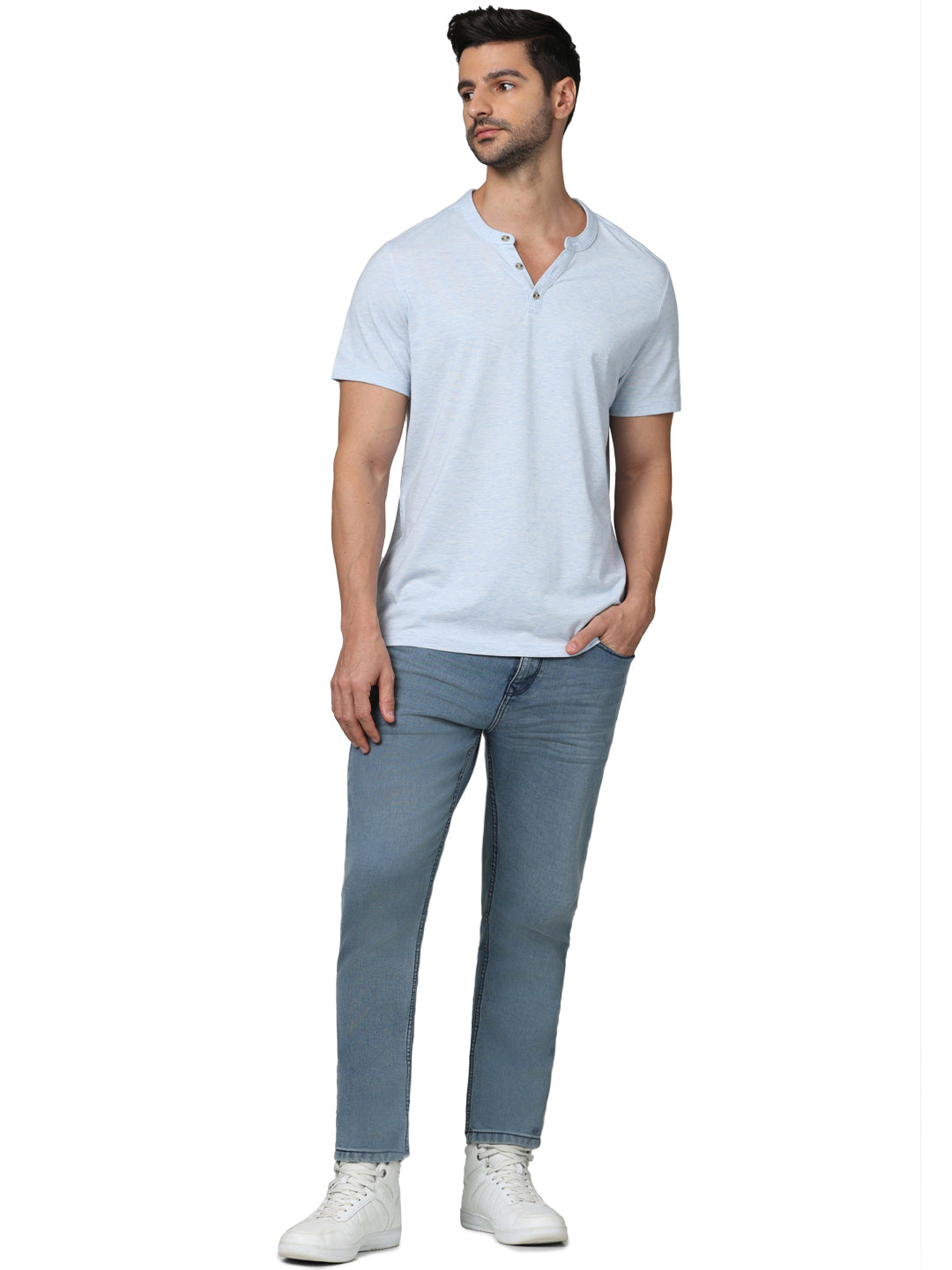 Celio* Solid Regular Fit Cotton Light Blue T-Shirt