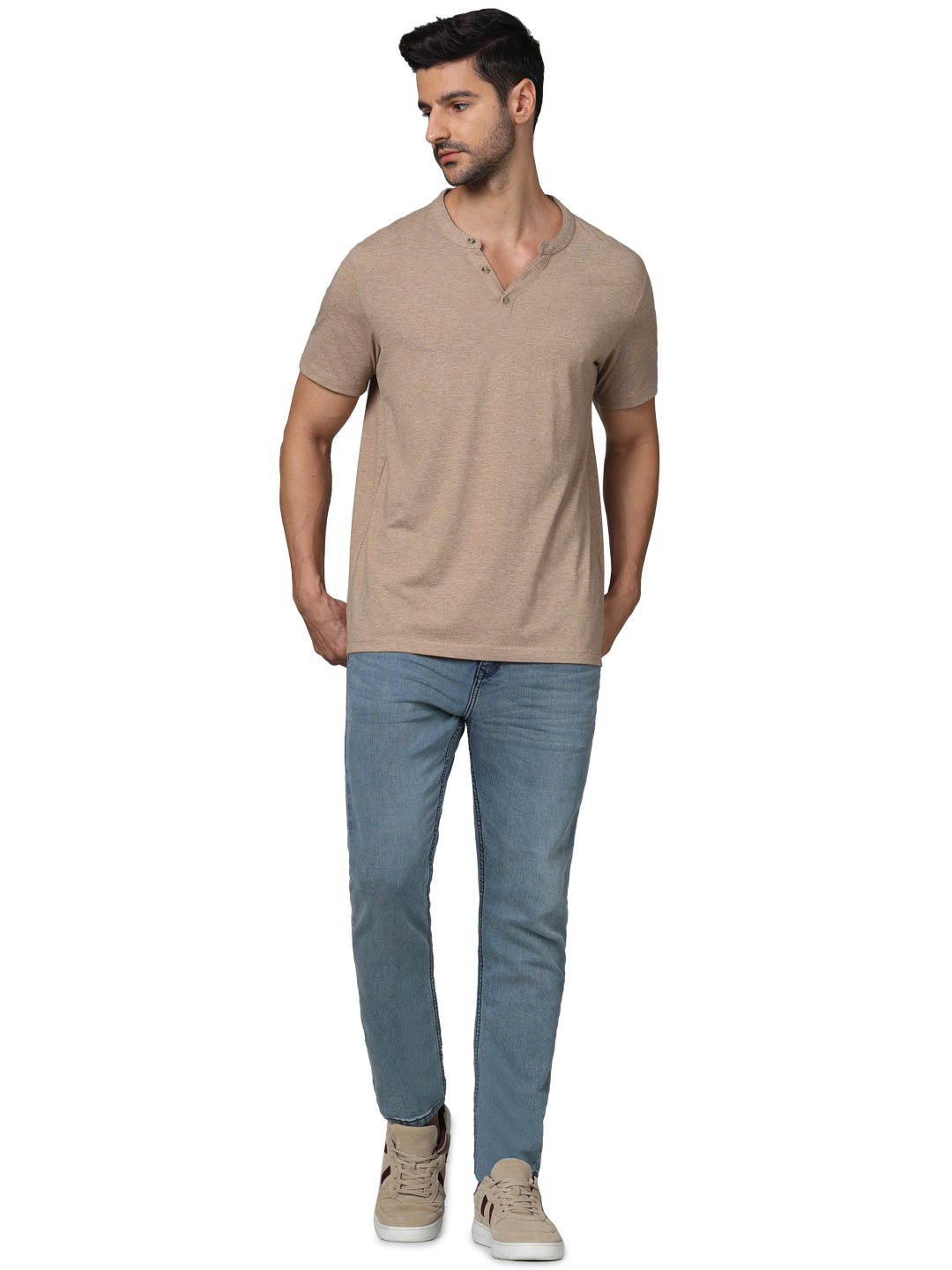 Celio* Solid Regular Fit Cotton Beige T-Shirt