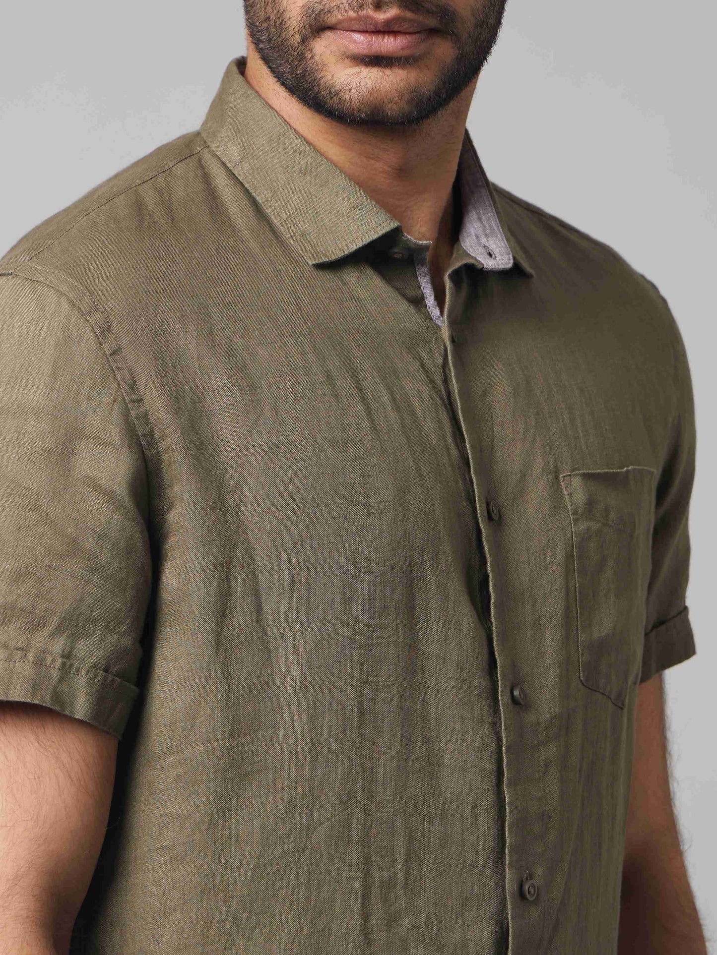 Celio Men Olive Solid Regular Fit Linen Shirts