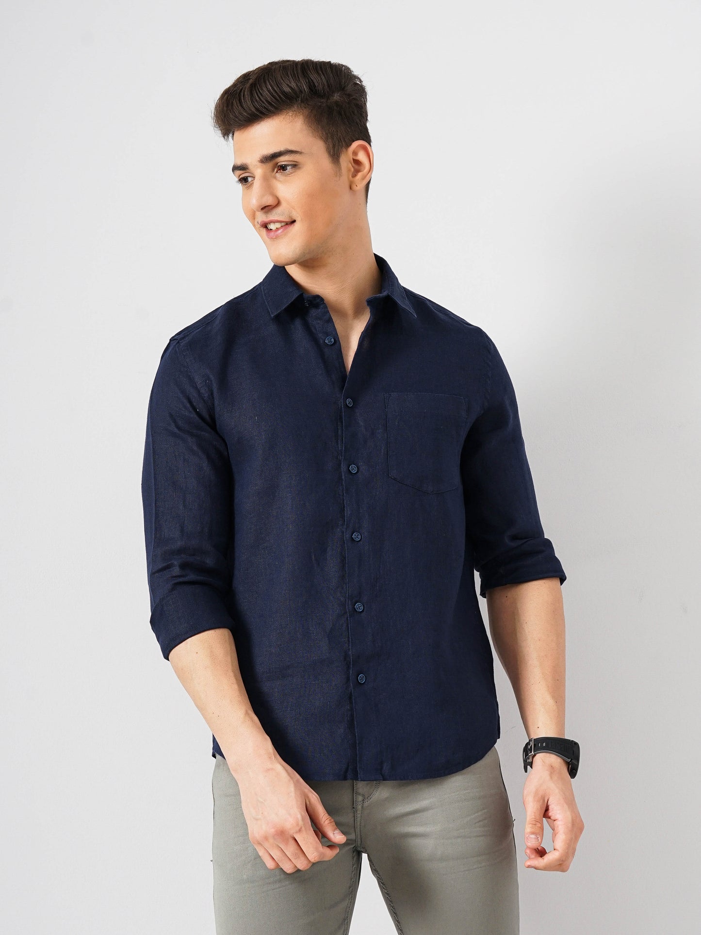 Celio* Solid Regular Fit Linen Navy Blue Shirt