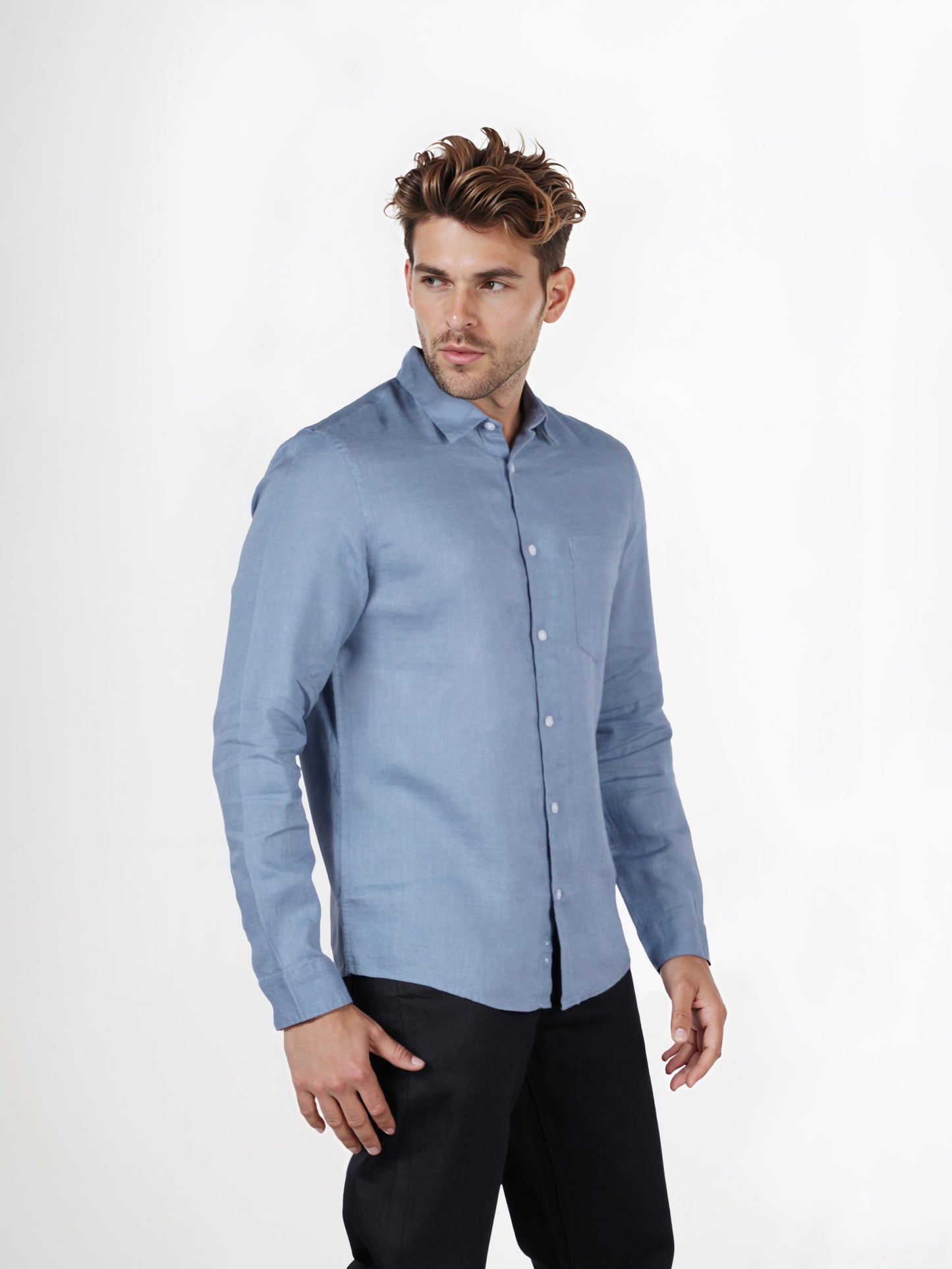 Celio* Solid Regular Fit Linen Blue Shirt