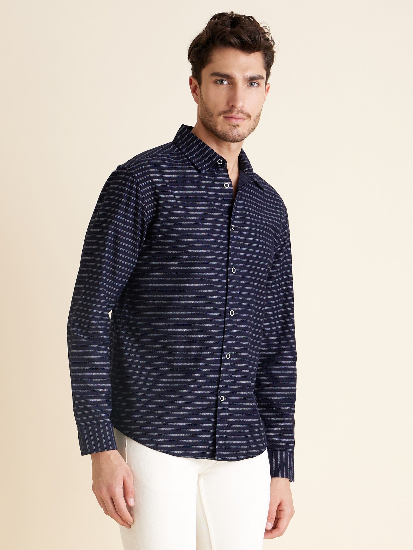 Celio Men Navy Blue Striped Regular Fit Cotton Shirts