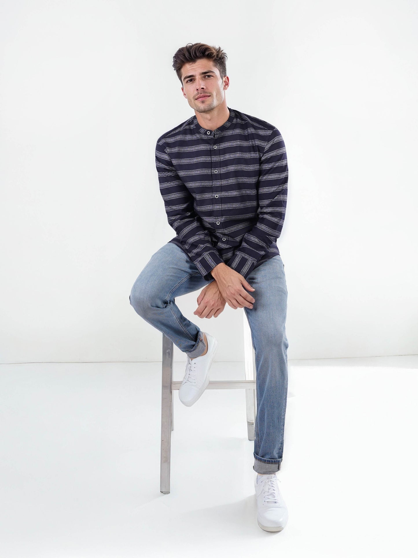 Celio Men Navy Blue Striped Regular Fit Cotton Shirts