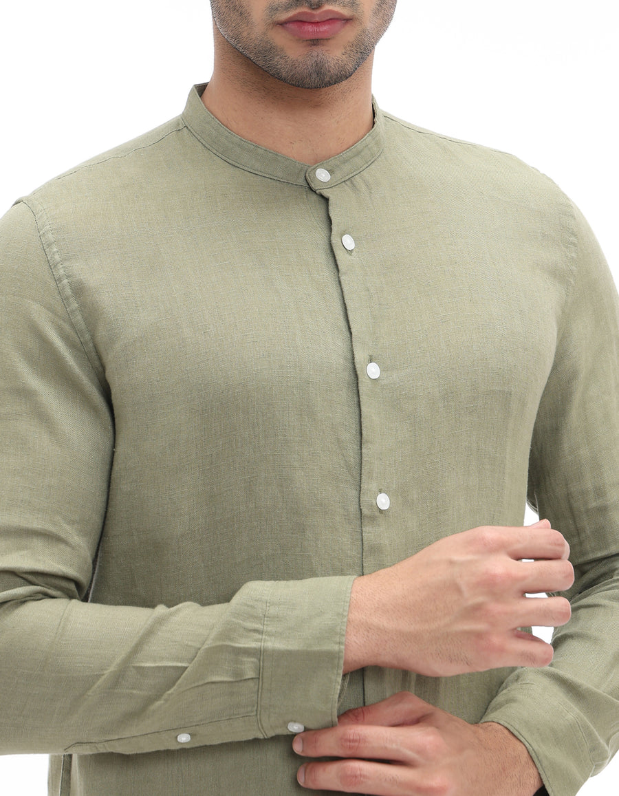 Regular Fit 100% Linen Solid Mao Collar Shirts - Khaki