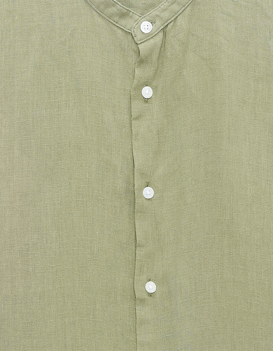 Regular Fit 100% Linen Solid Mao Collar Shirts - Khaki