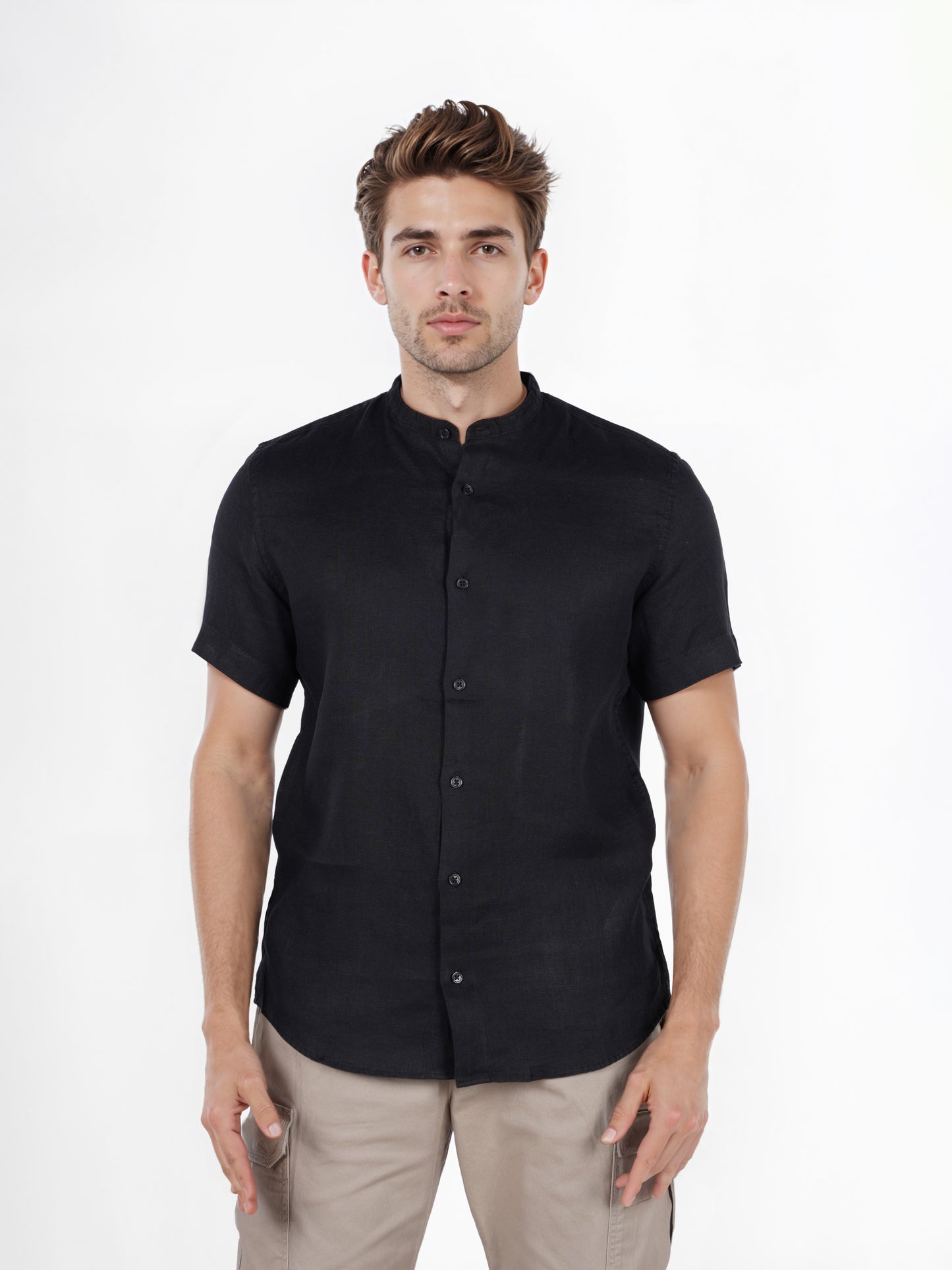 Celio* Solid Regular Fit Linen Black Shirt