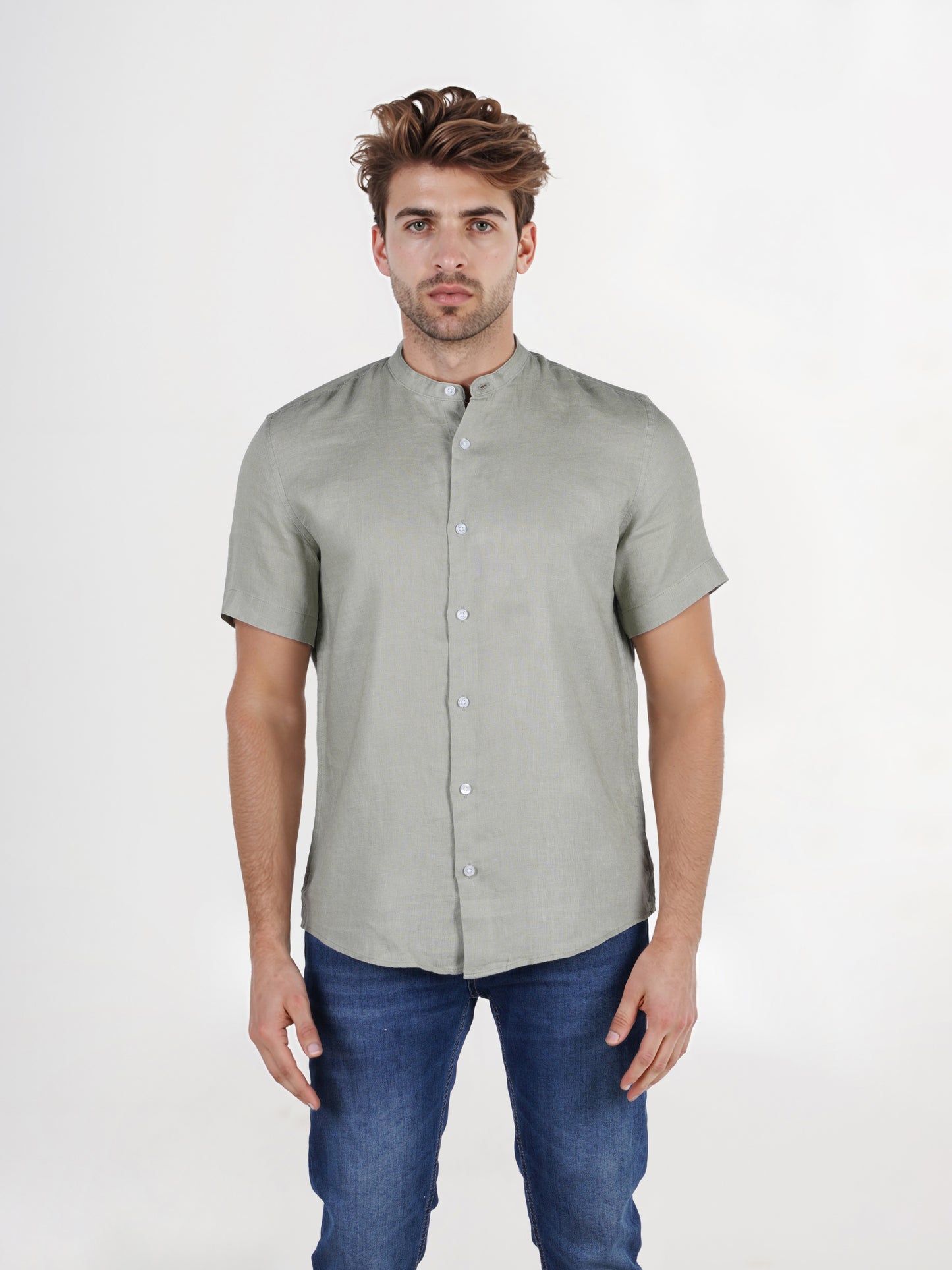 Celio* Solid Regular Fit Linen Olive Shirt