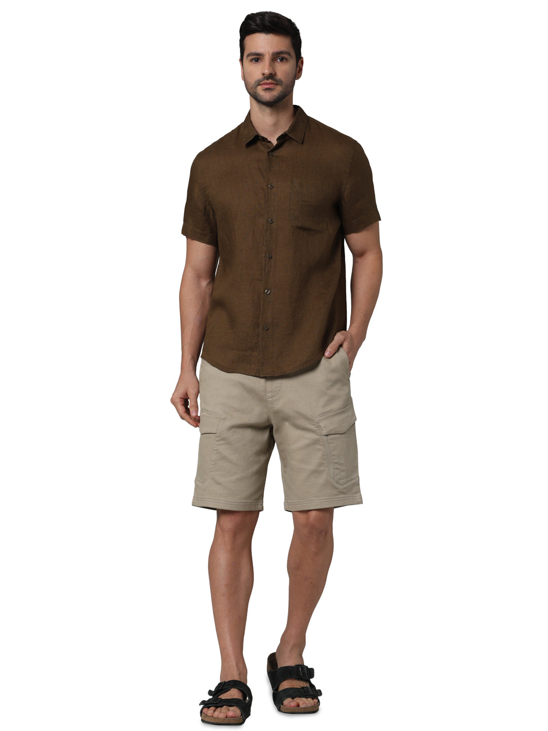 Celio* Solid Regular Fit Linen Brown Shirt