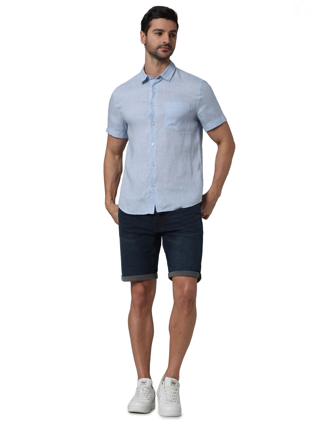 Celio* Solid Regular Fit Linen Blue Shirt