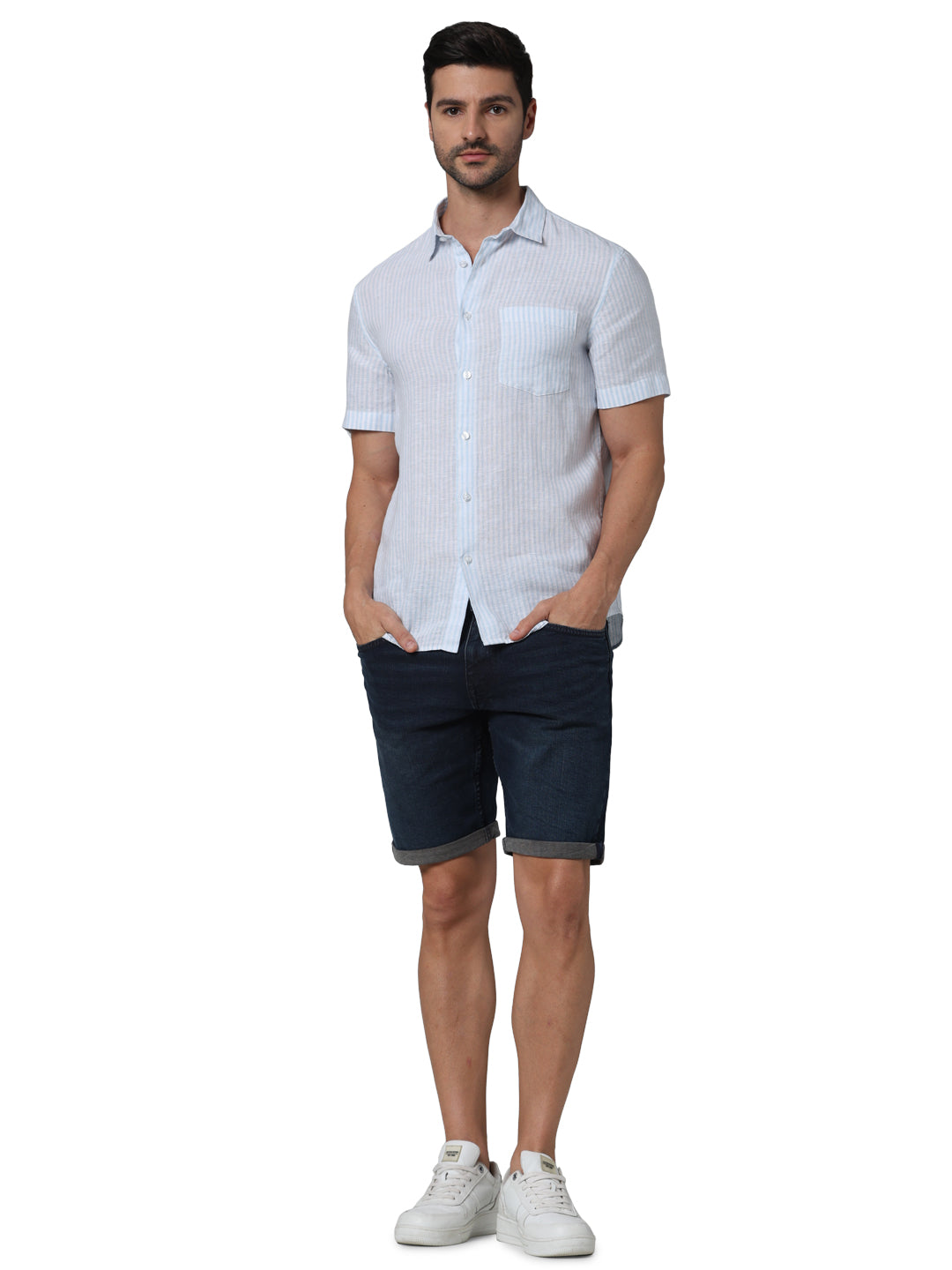 Celio* Striped Regular Fit Linen Blue Shirt