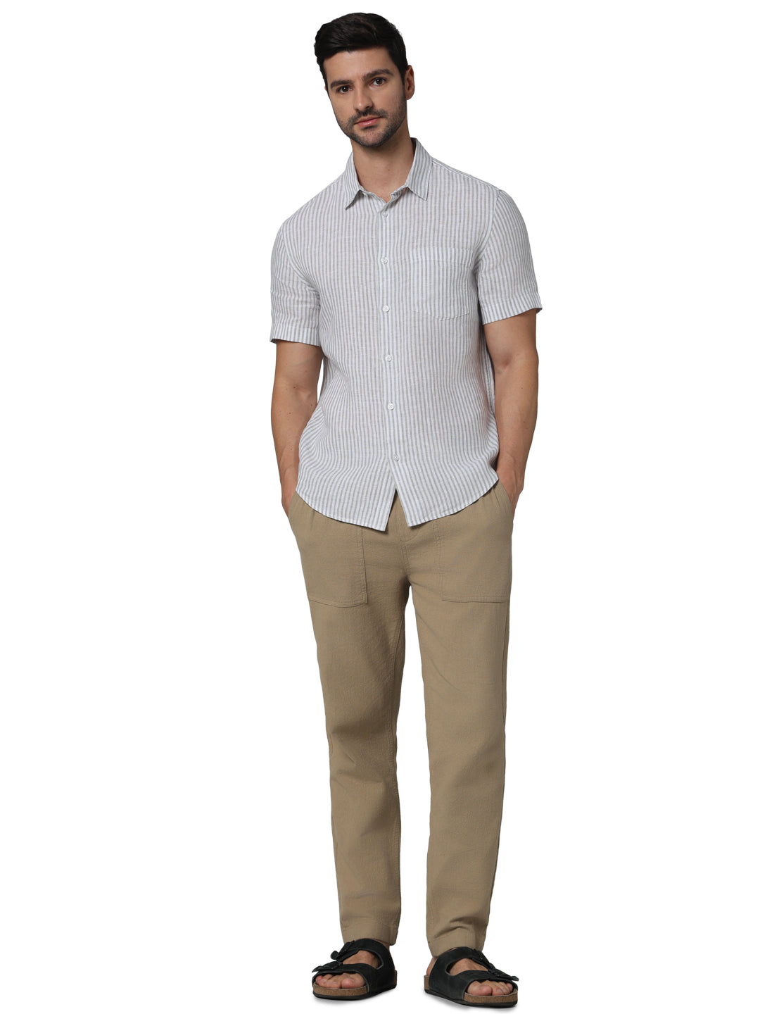 Celio* Striped Regular Fit Linen Green Shirt