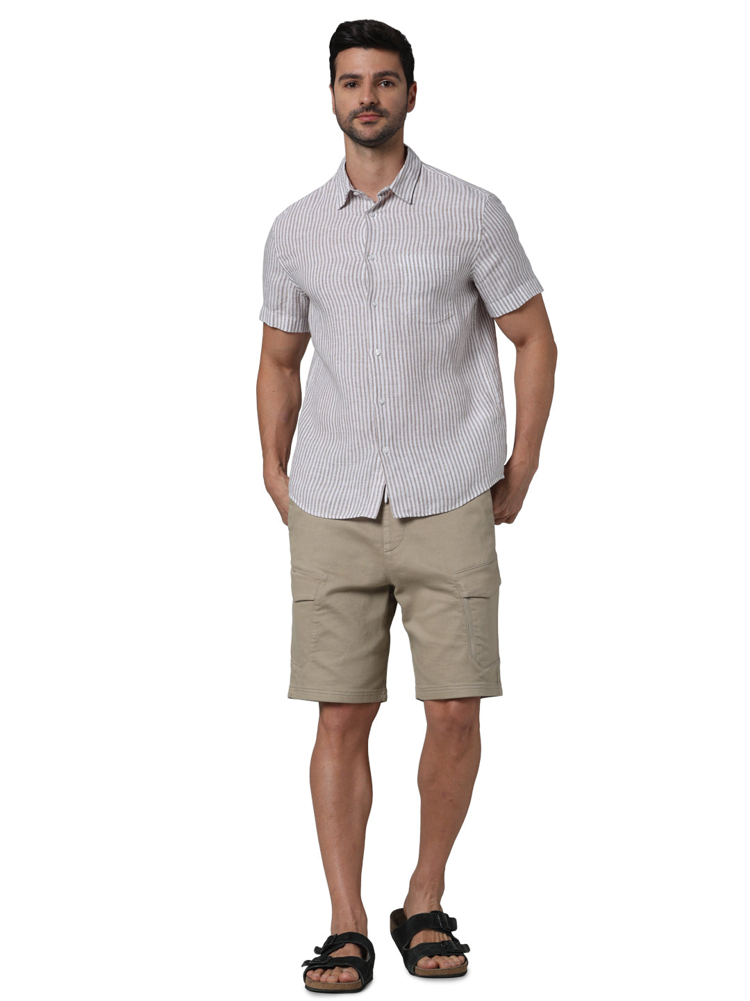 Celio* Striped Regular Fit Linen Beige Shirt