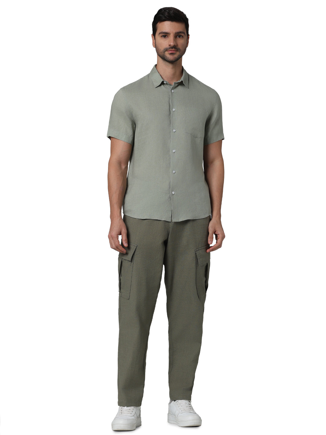 Celio* Solid Regular Fit Linen Green Shirt