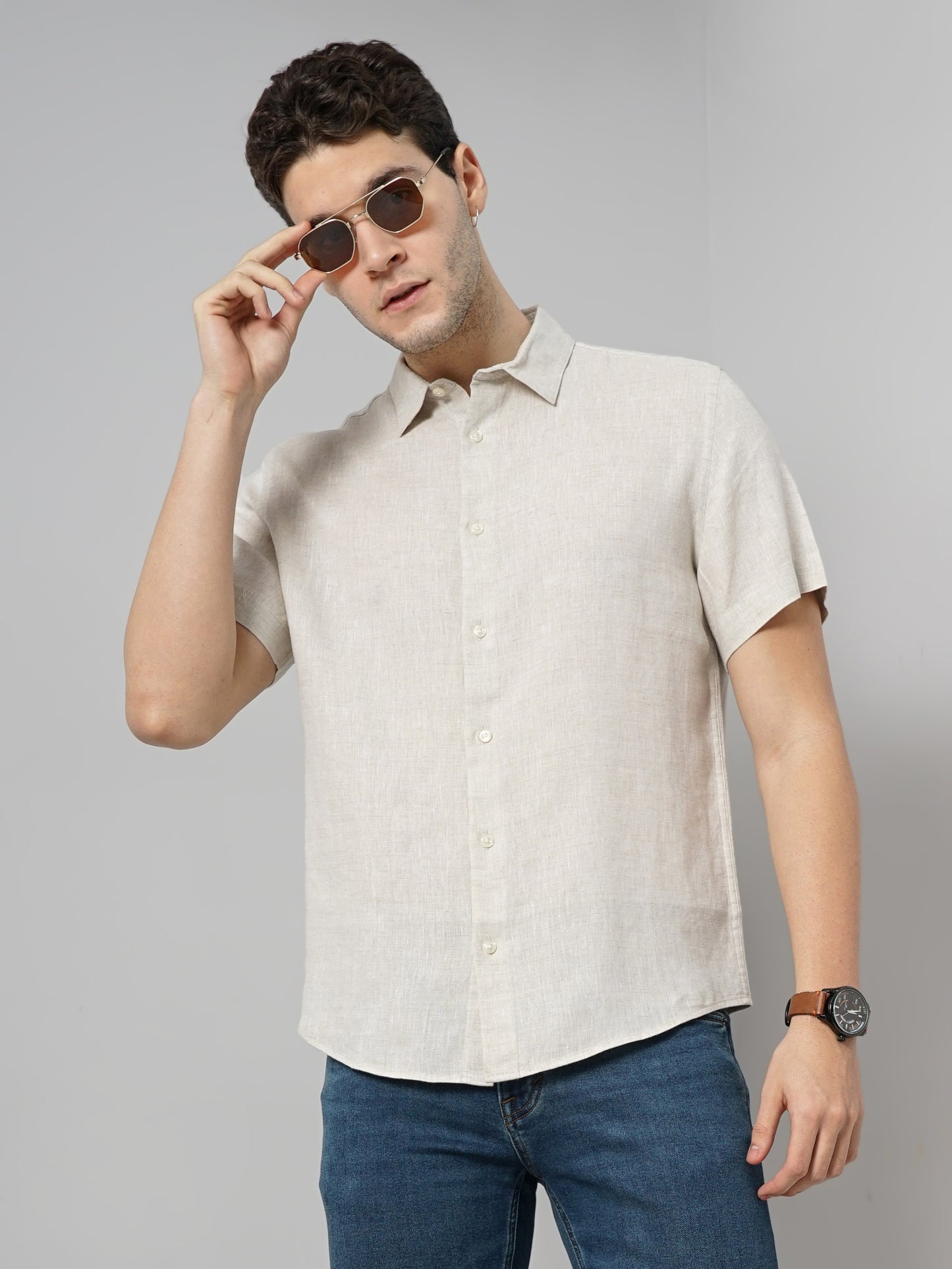 Celio* Solid Regular Fit Linen Beige Shirt
