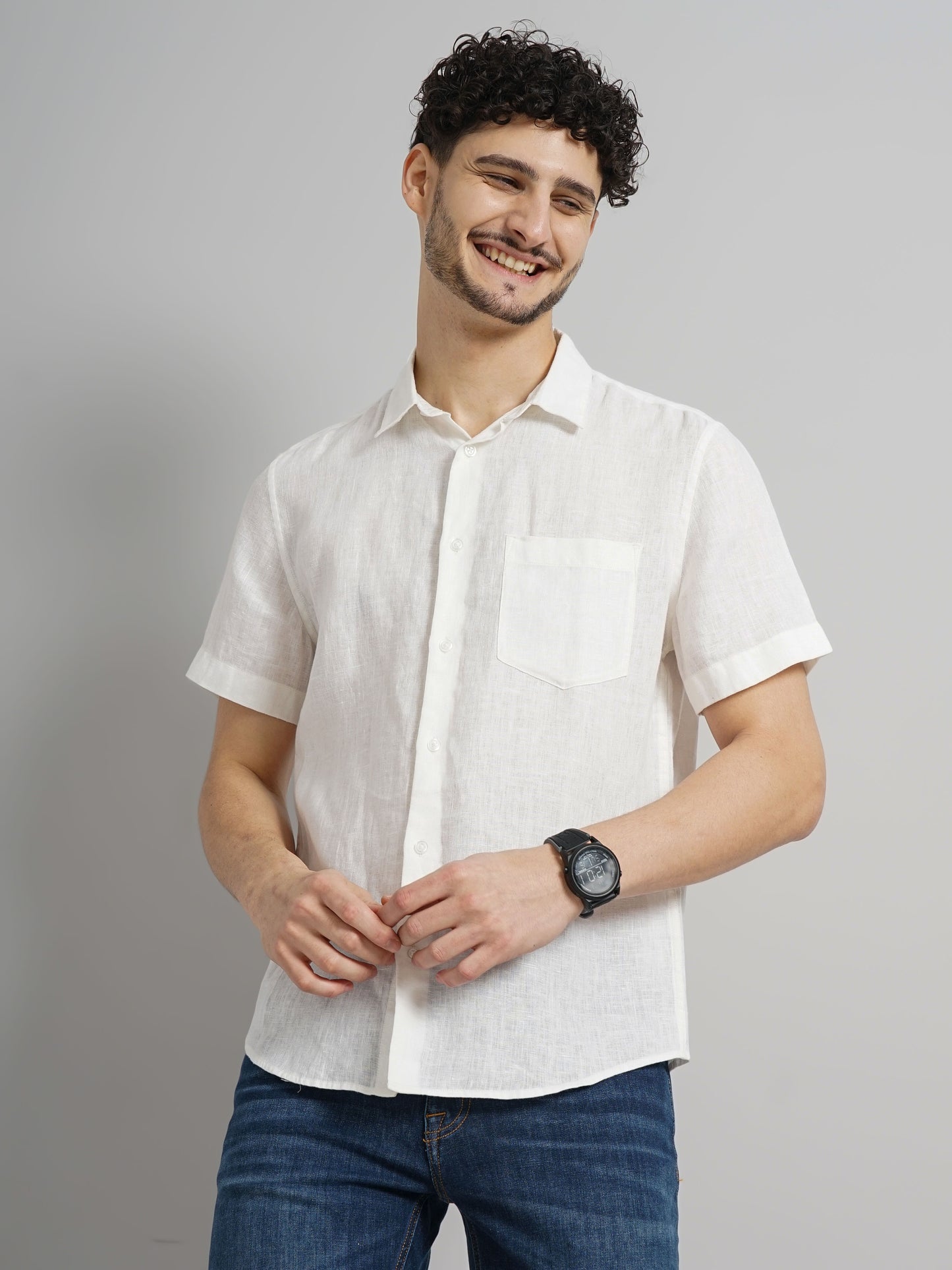Celio* Solid Regular Fit Linen White Shirt