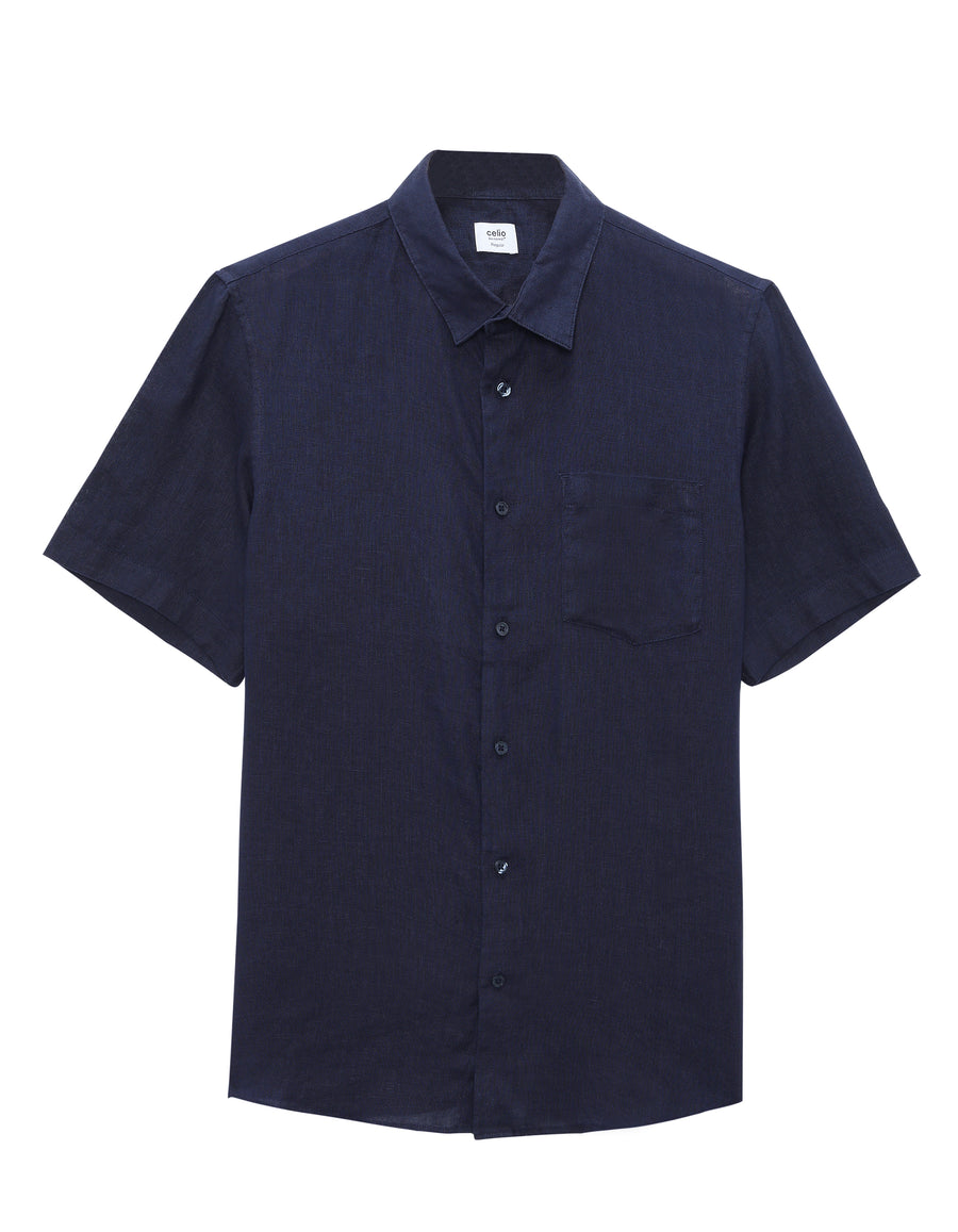 Regular Fit 100% Linen Solid Button Down Collar Shirts - Navy Blue