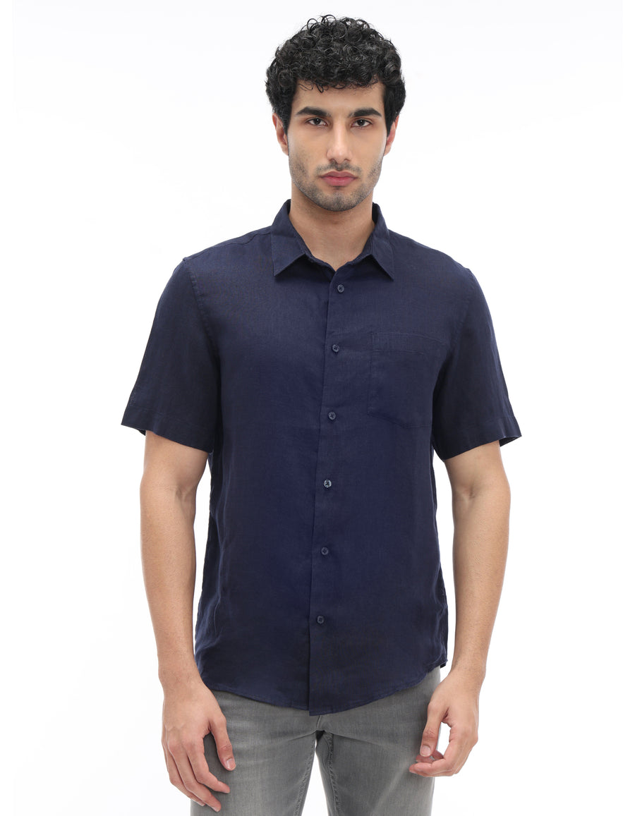 Regular Fit 100% Linen Solid Button Down Collar Shirts - Navy Blue