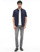 Regular Fit 100% Linen Solid Button Down Collar Shirts - Navy Blue