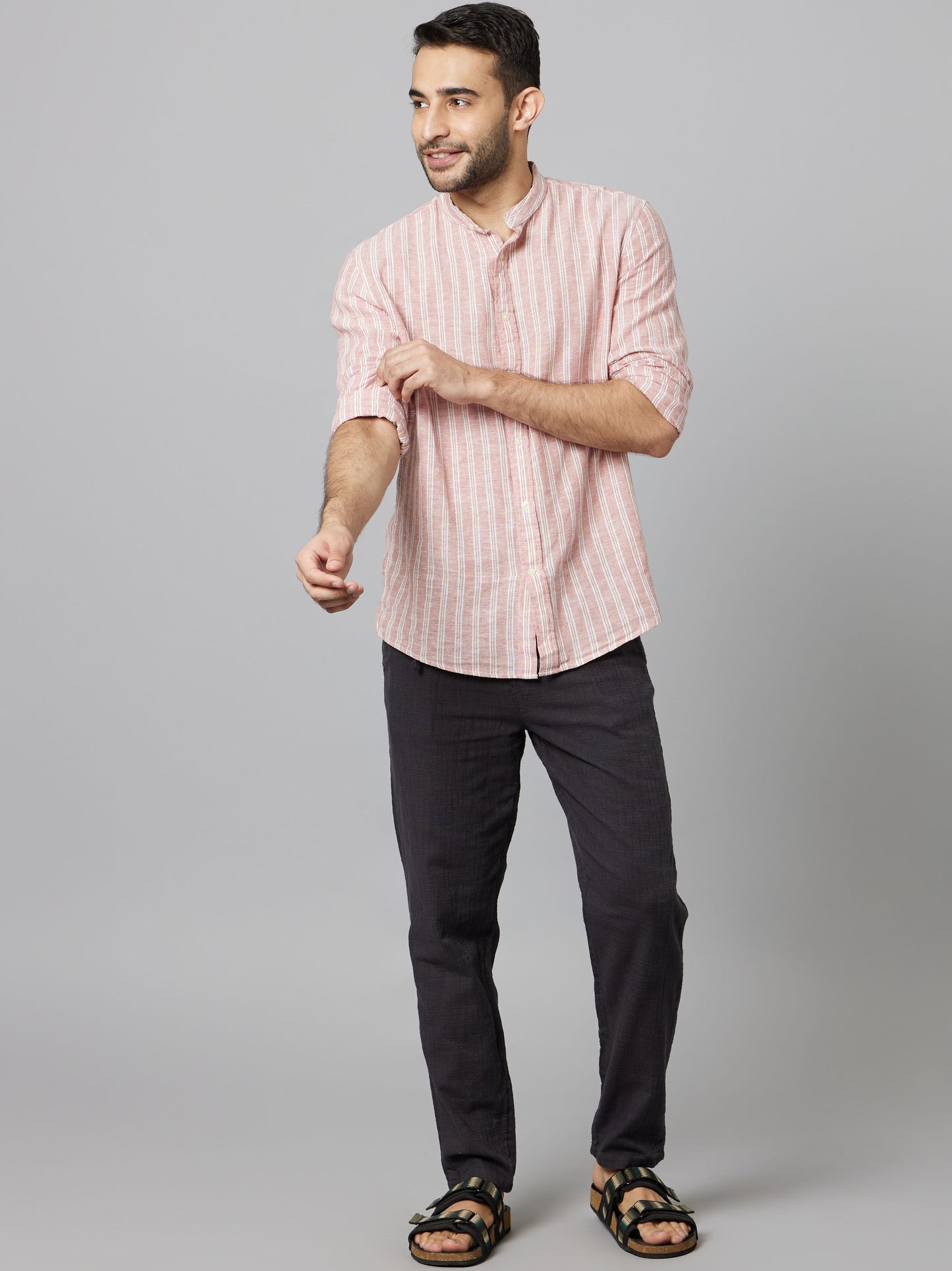 Celio Men Pink Striped Regular Fit Linen Shirts