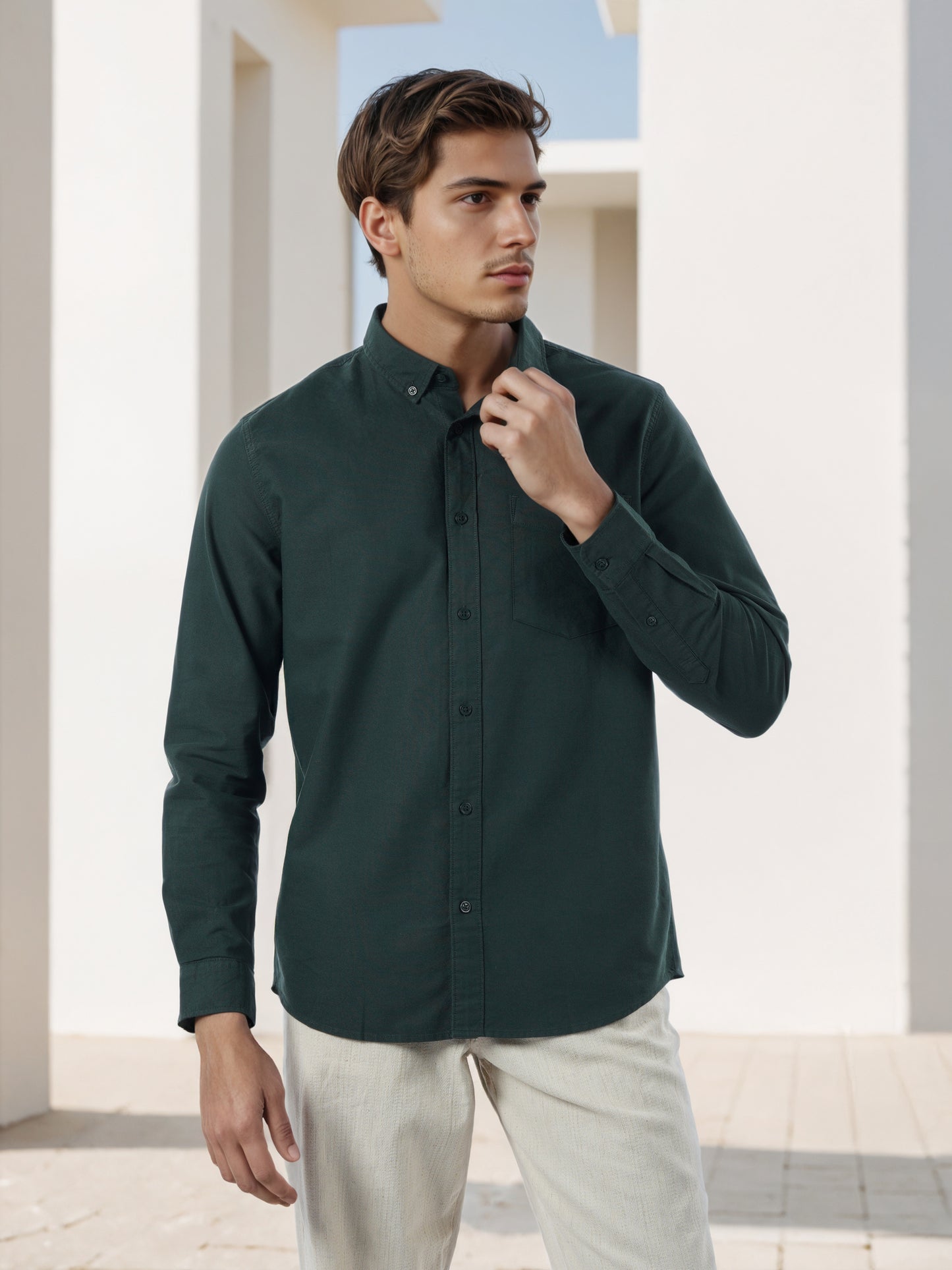 Celio* Men Olive Solid Regular Fit Cotton Shirts