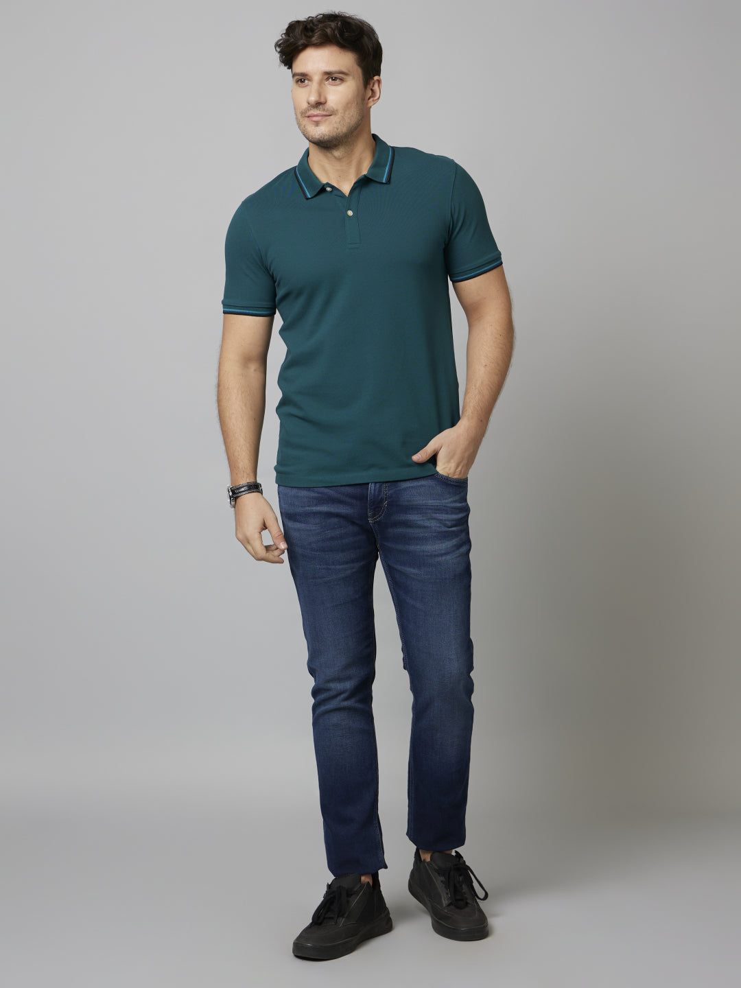 Celio* Solid Regular Fit Cotton Teal T-Shirt