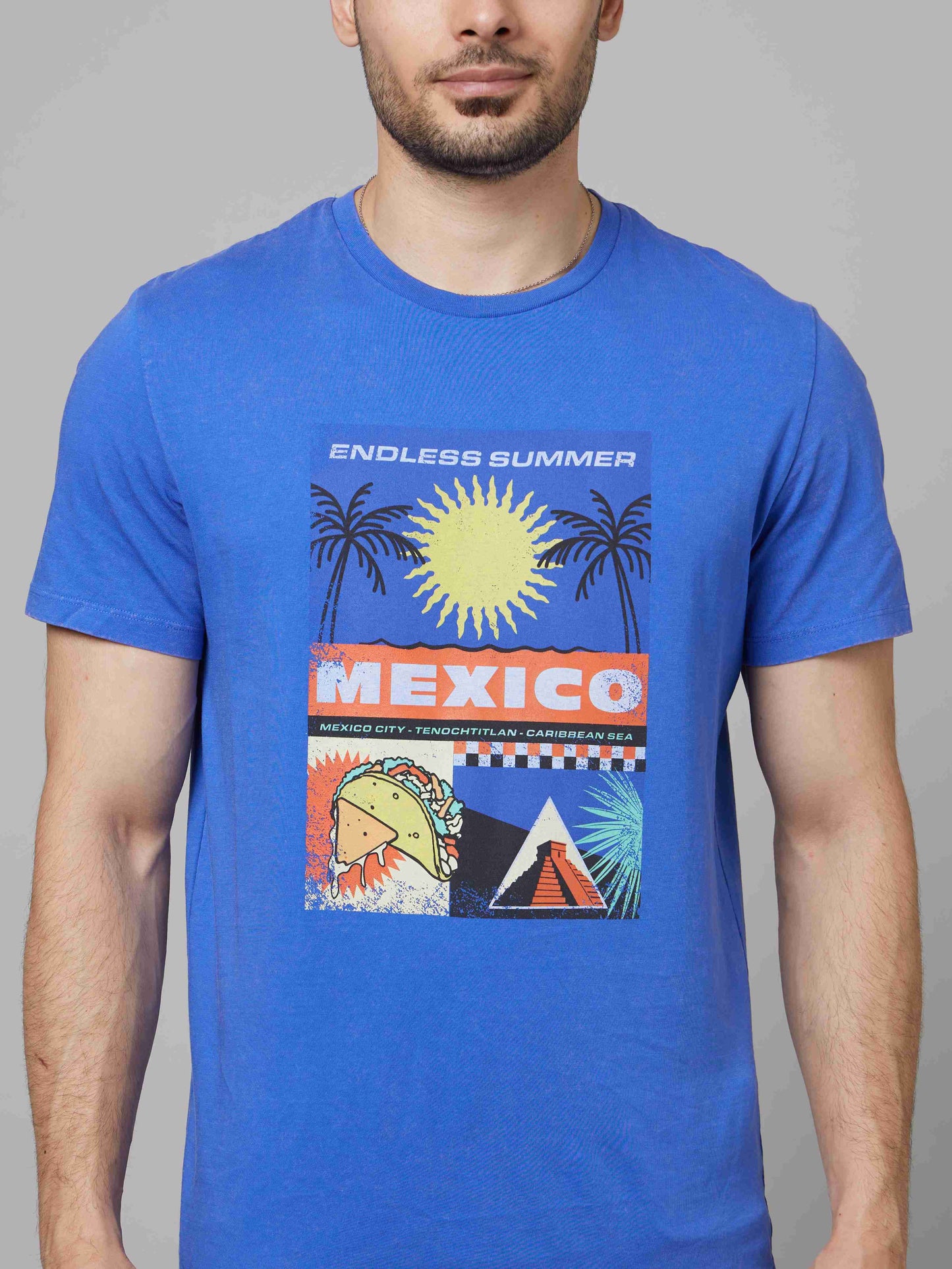 Celio Men Blue Printed Straight Fit Cotton T-Shirts