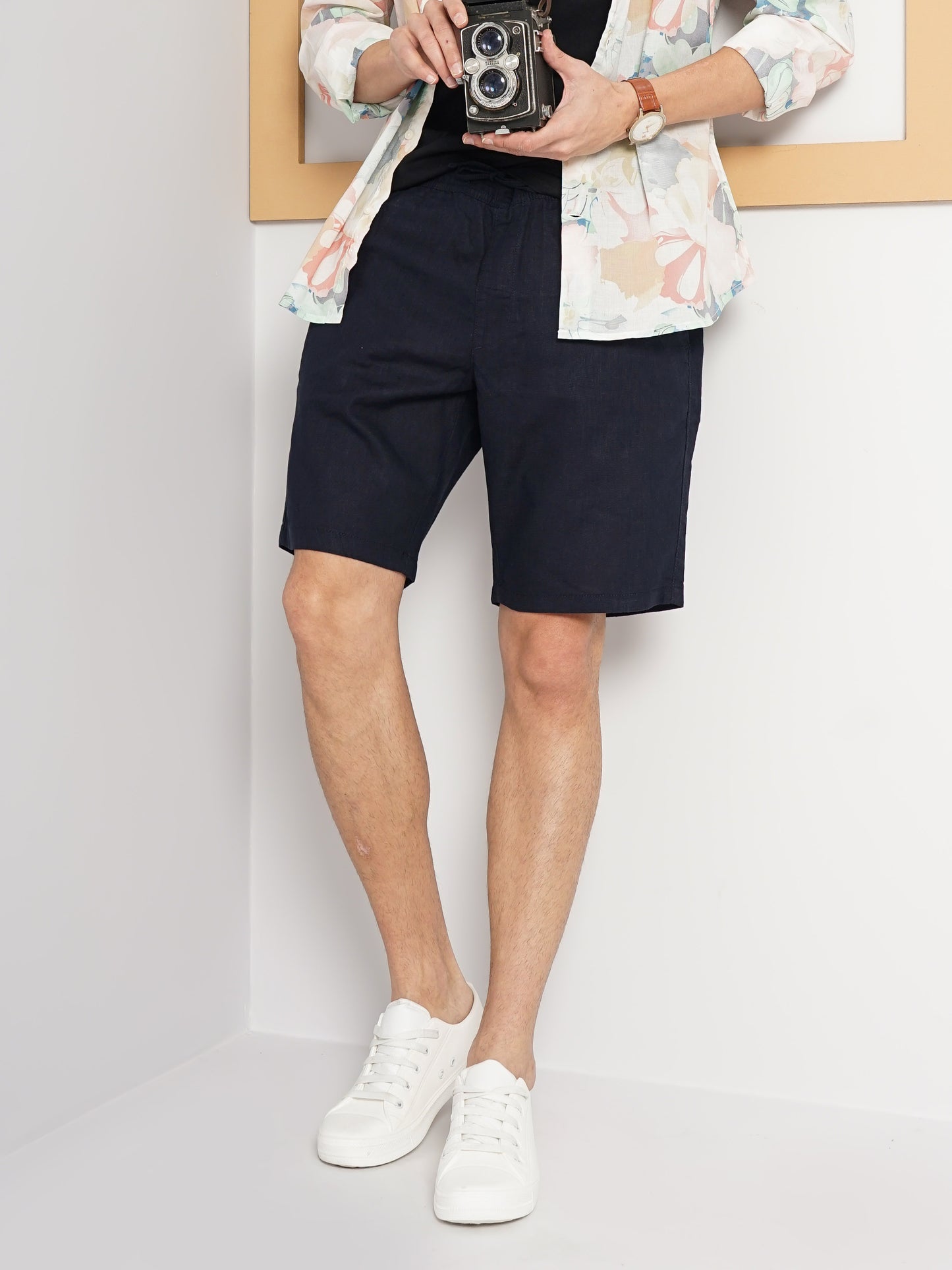 Celio* Linen Regular Fit Navy Blue Shorts
