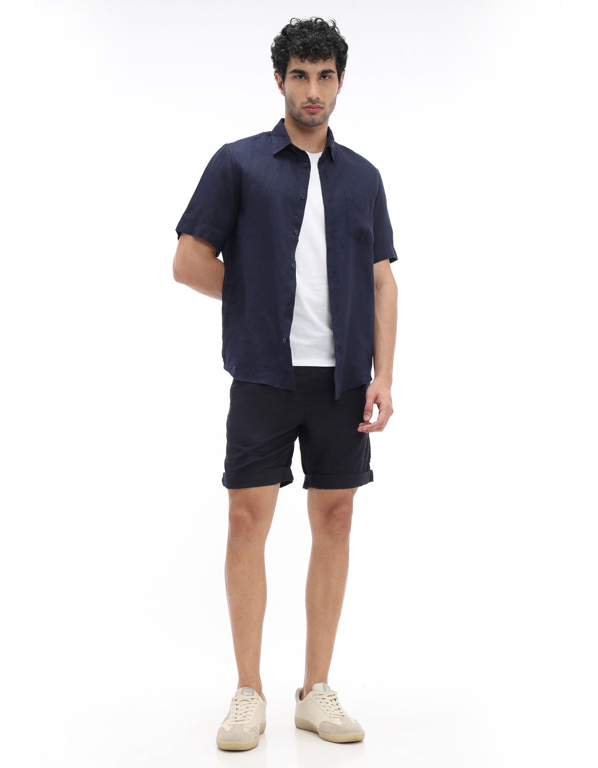 Bermuda Fit Linen Blend Solid Shorts - Navy Blue