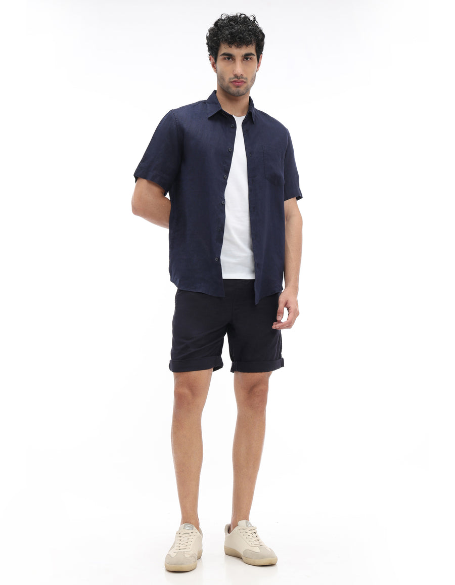 Bermuda Fit Linen Blend Solid Shorts - Navy Blue