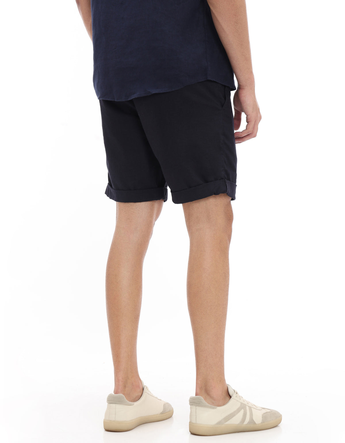 Bermuda Fit Linen Blend Solid Shorts - Navy Blue