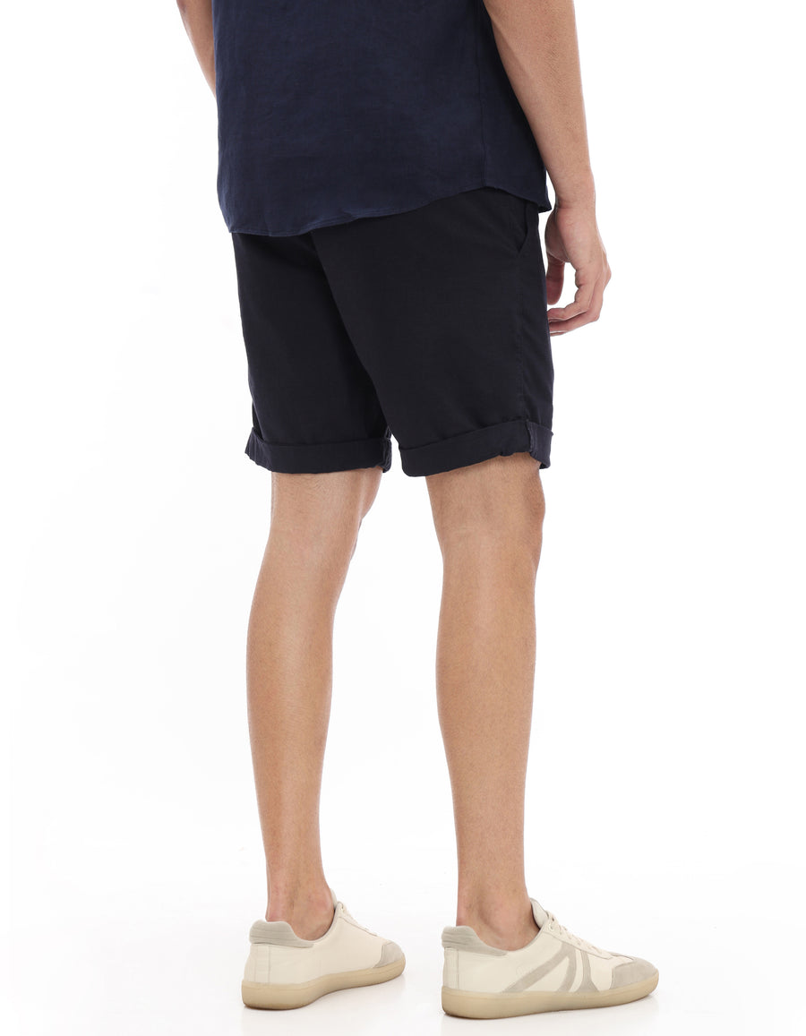 Bermuda Fit Linen Blend Solid Shorts - Navy Blue