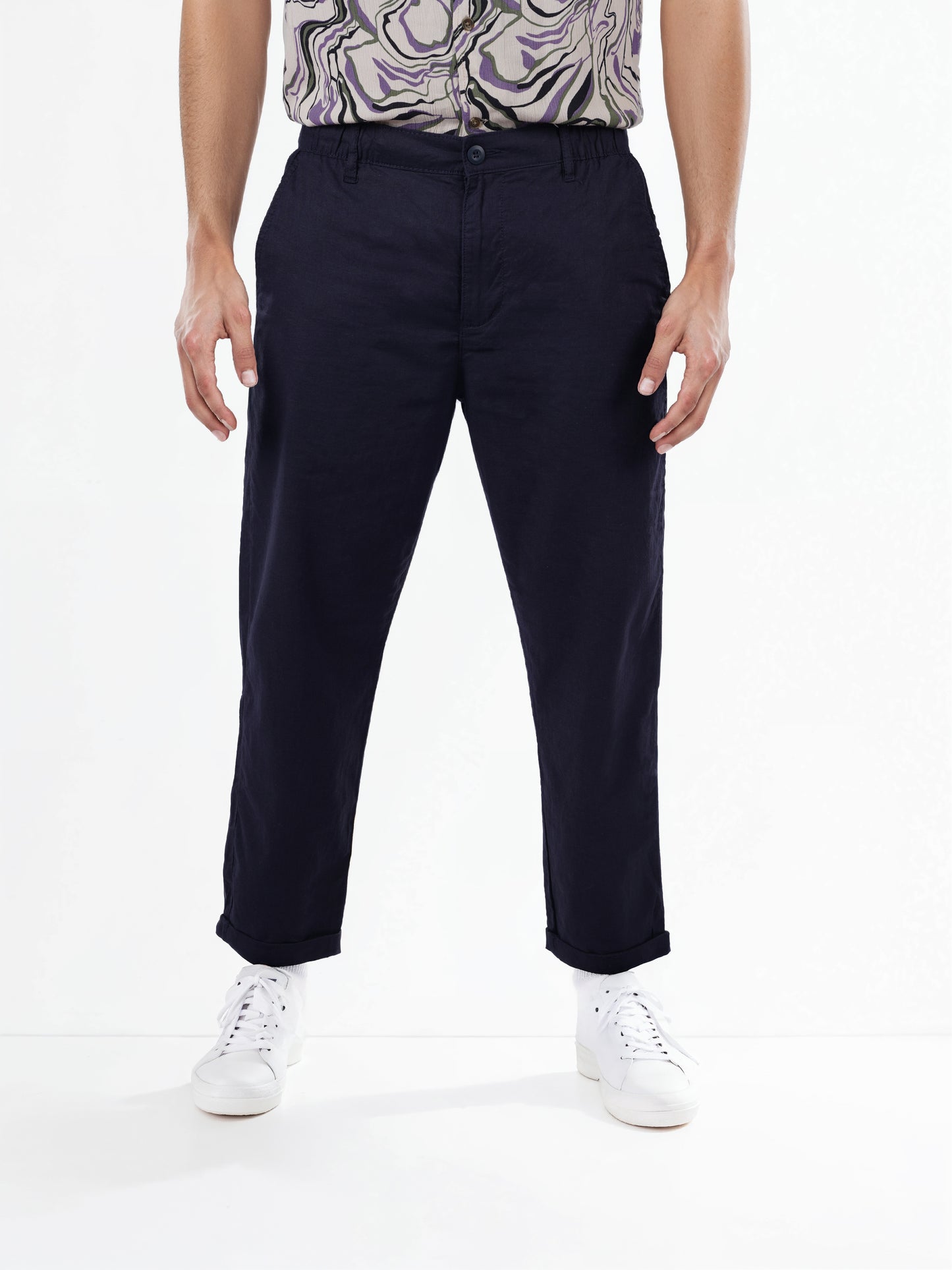 Celio* Linen-Blend Straight Fit Navy Blue Trouser