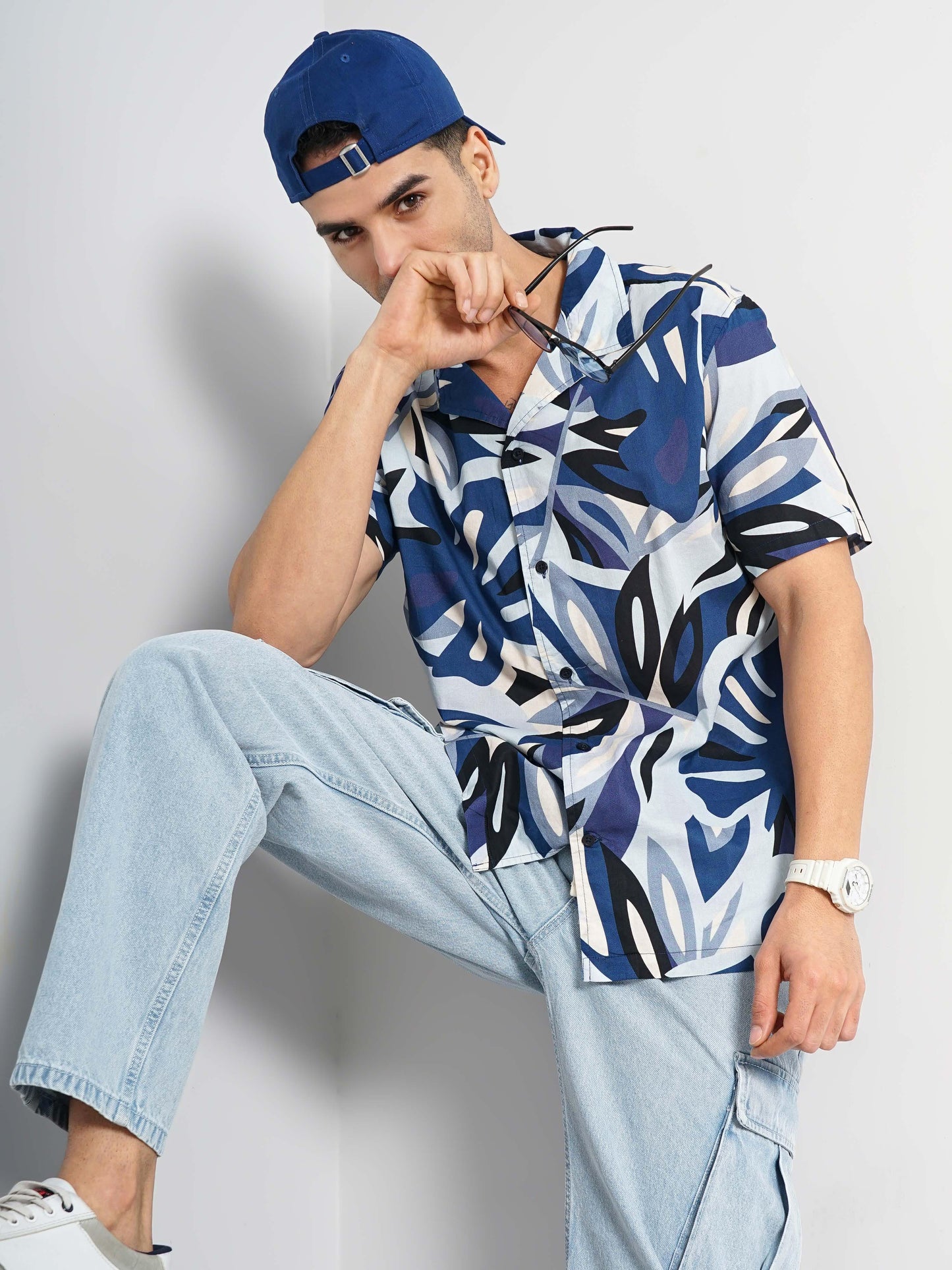Celio* Printed Regular Fit Cotton Blue Shirt