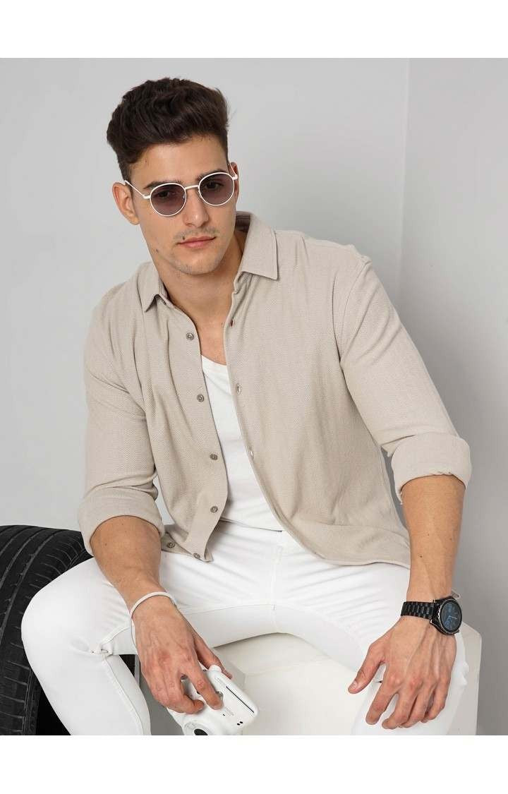 Celio Men Beige Solid Regular Fit Cotton Shirts
