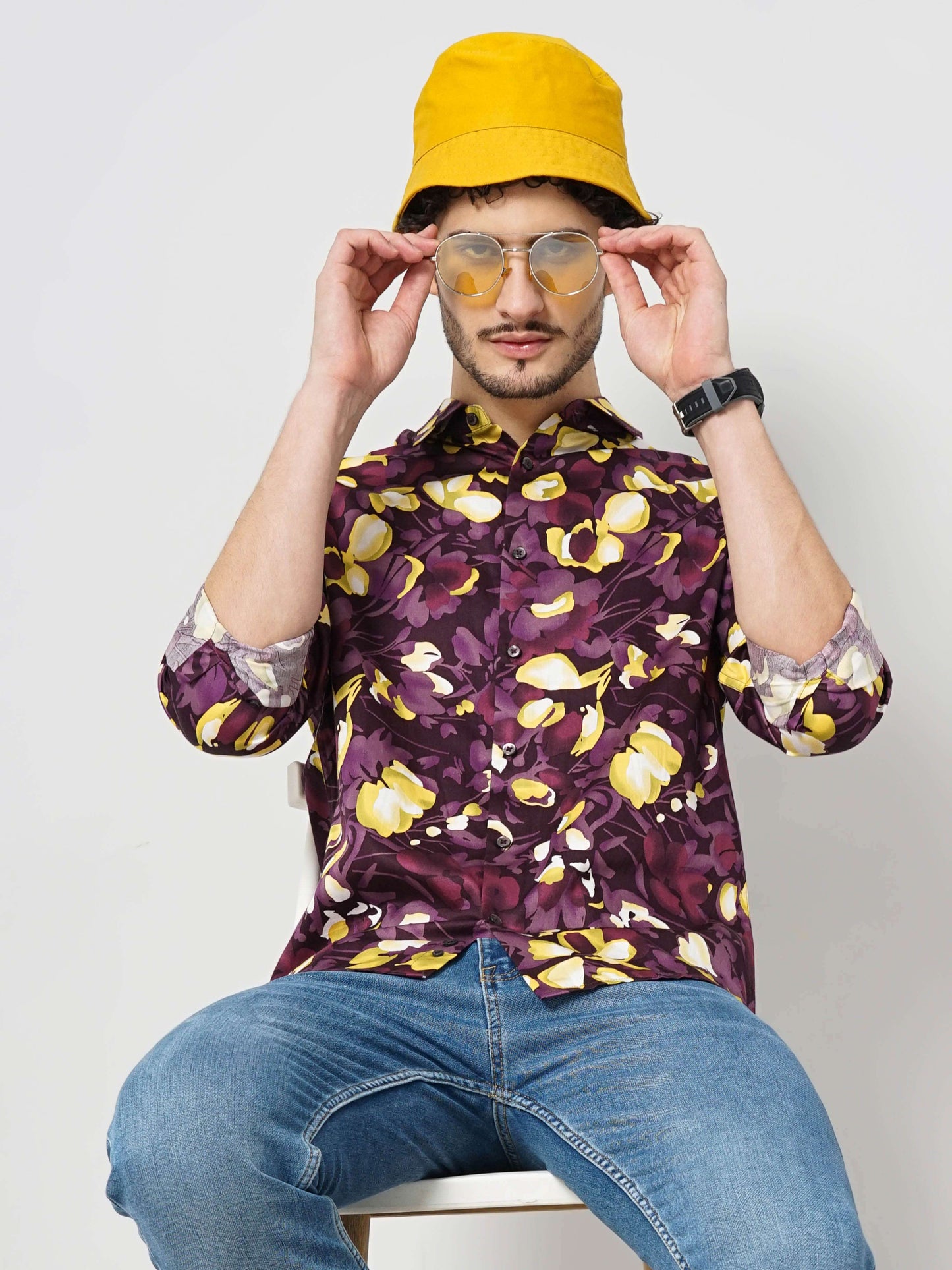 Celio Men Purple Printed Regular Fit Cotton Shirts