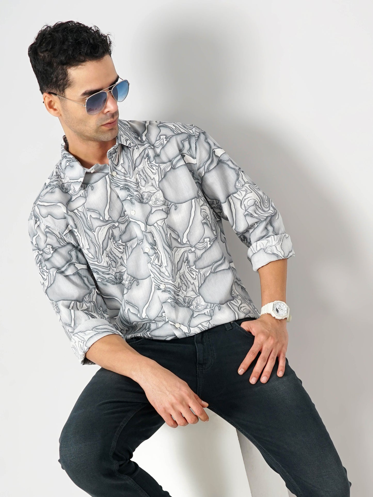 Celio* Printed Regular Fit Cotton Grey Shirt