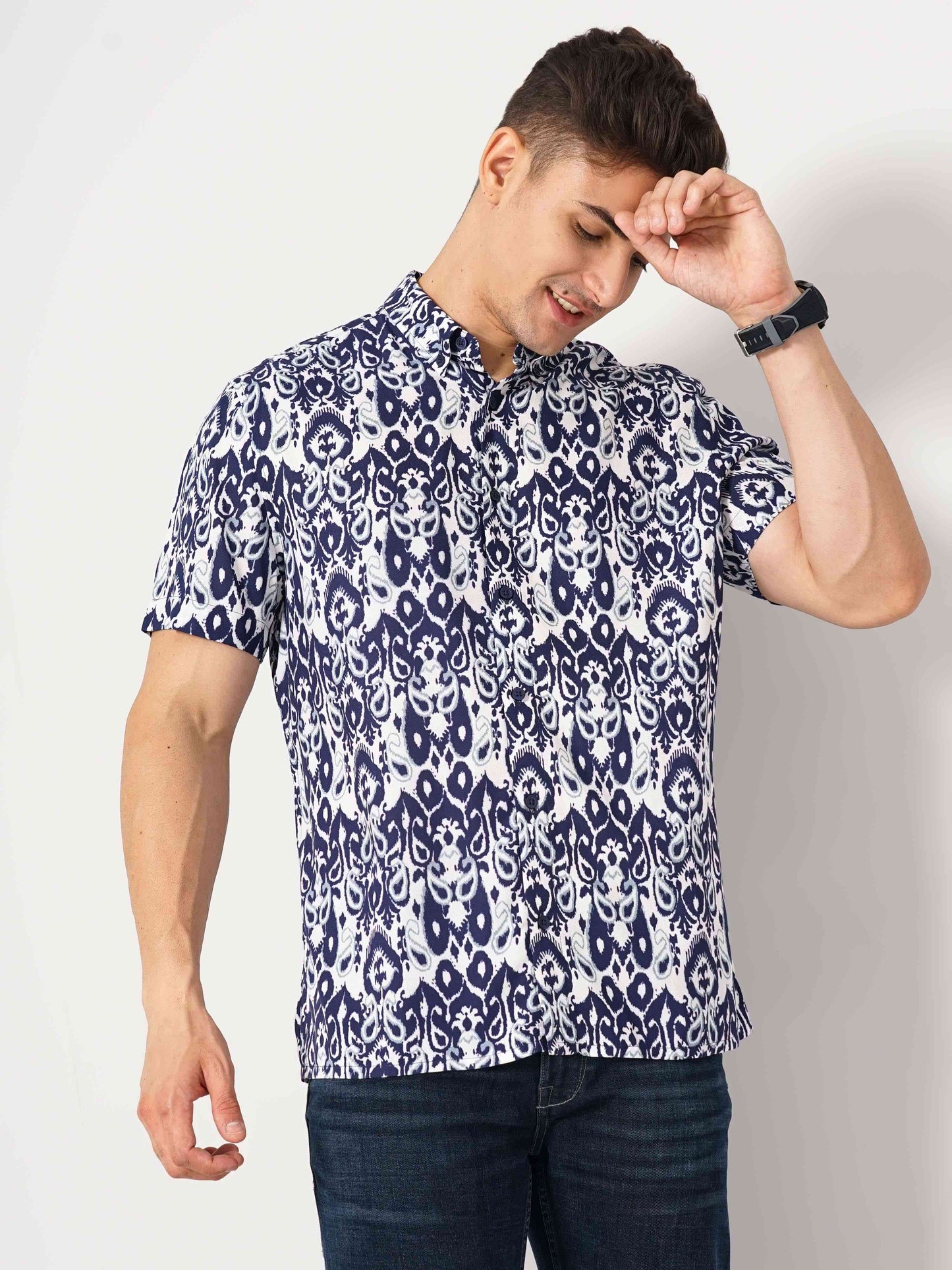 Celio Men Blue Printed Regular Fit Cotton Shirts