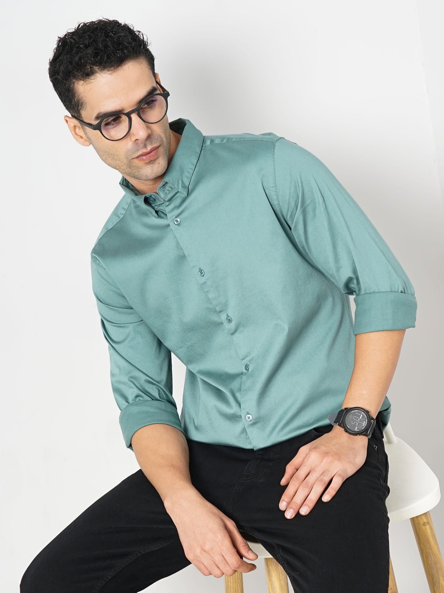 Celio* Solid Slim Fit Cotton Green Shirt