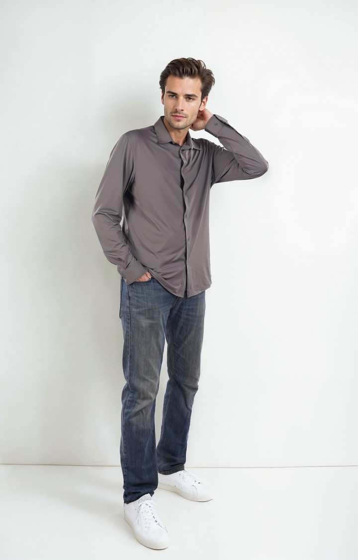 Celio Men Grey Solid Regular Fit Poly-Blend Shirts