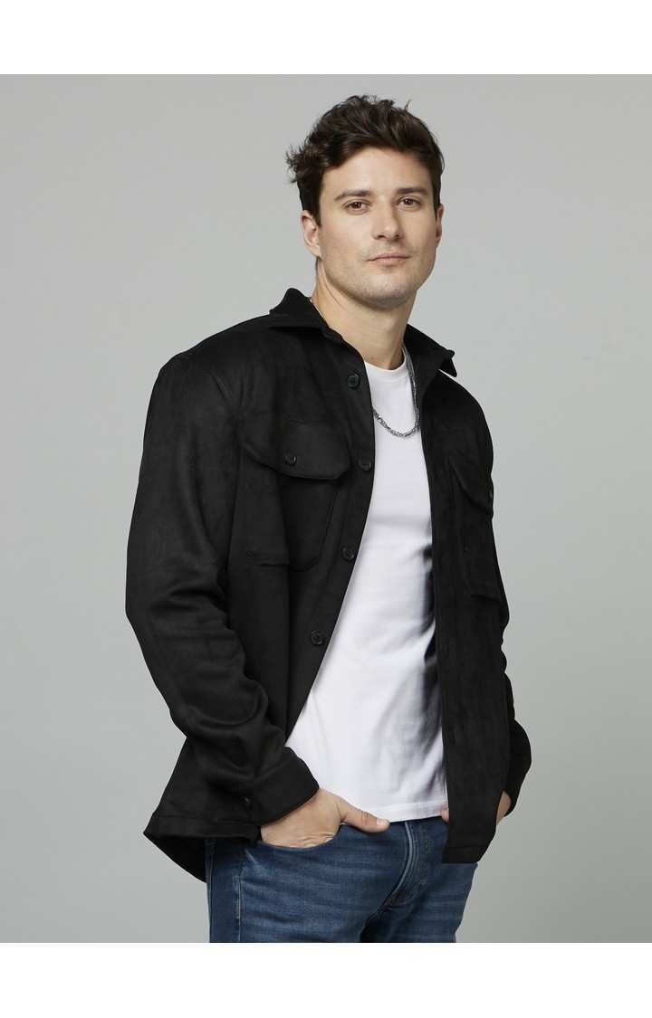 Celio Men Black Solid Regular Fit Poly-Blend Shirts