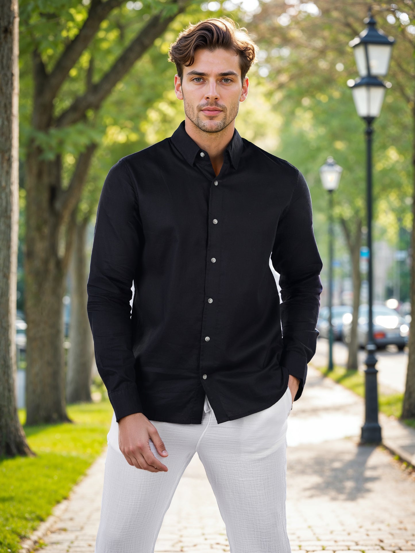 Celio* Solid Regular Fit Cotton Black Shirts