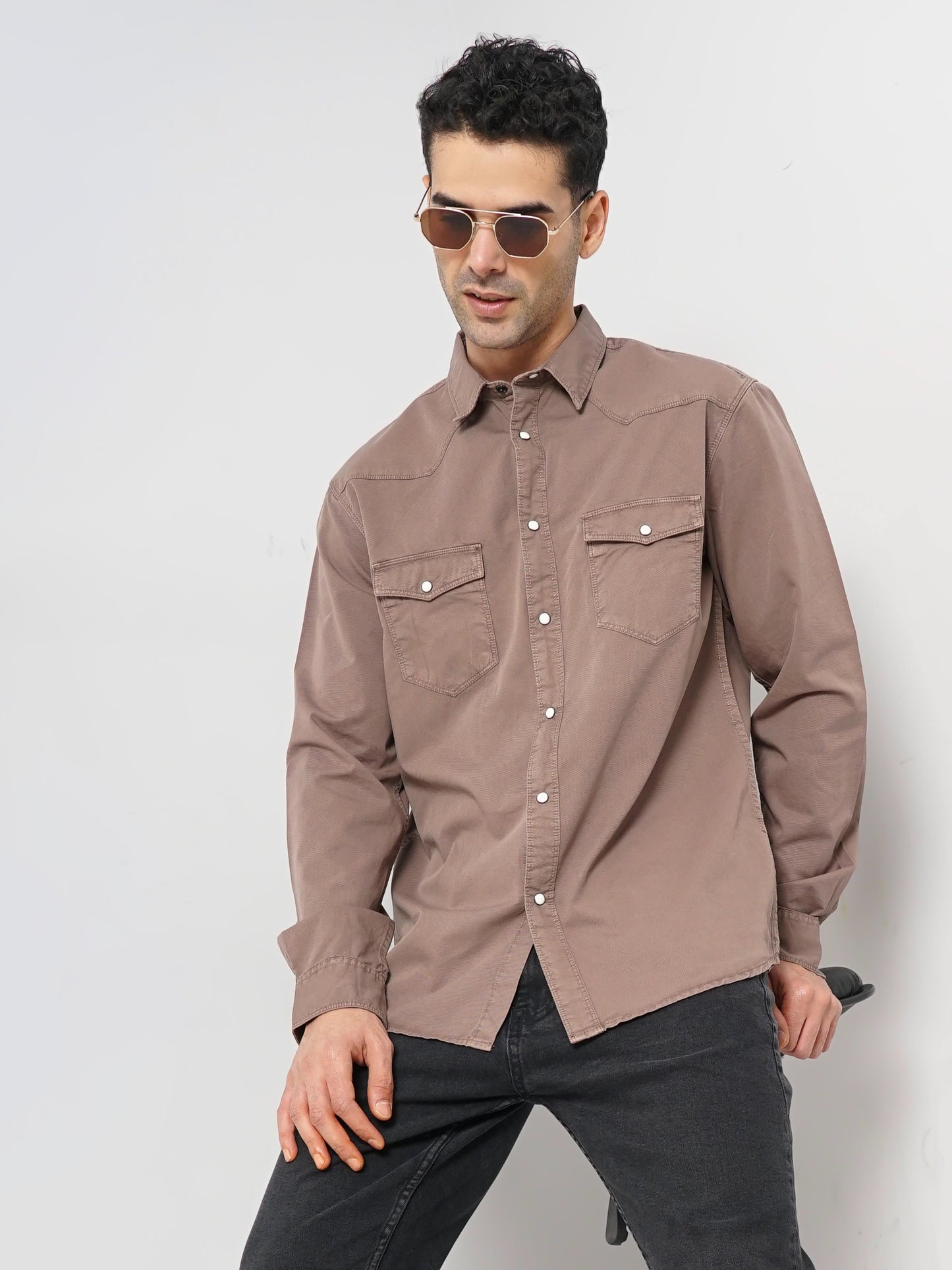 Celio* Solid Regular Fit Cotton Brown Shirt