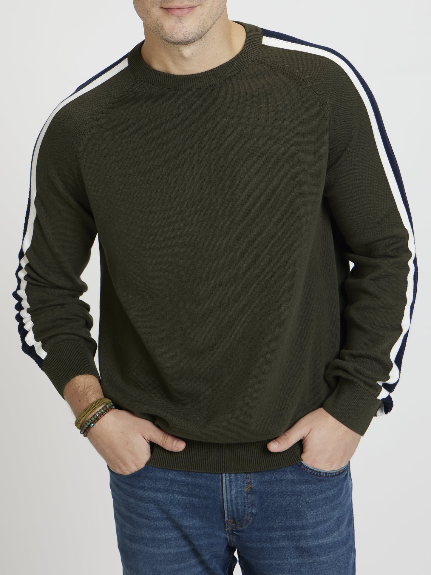 Celio* Men Olive Striped Regular Fit Cotton Sweaters