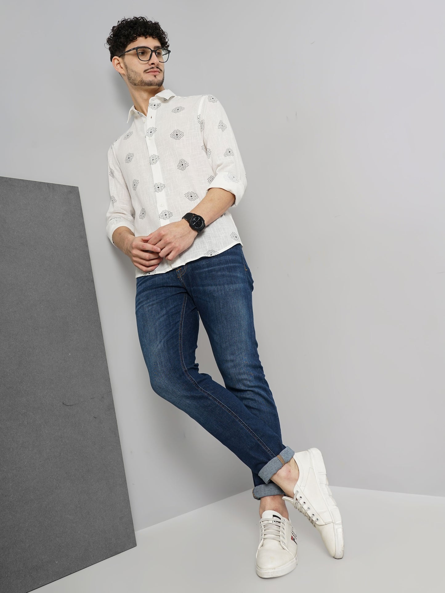 Celio* Printed Regular Fit Cotton White Shirt