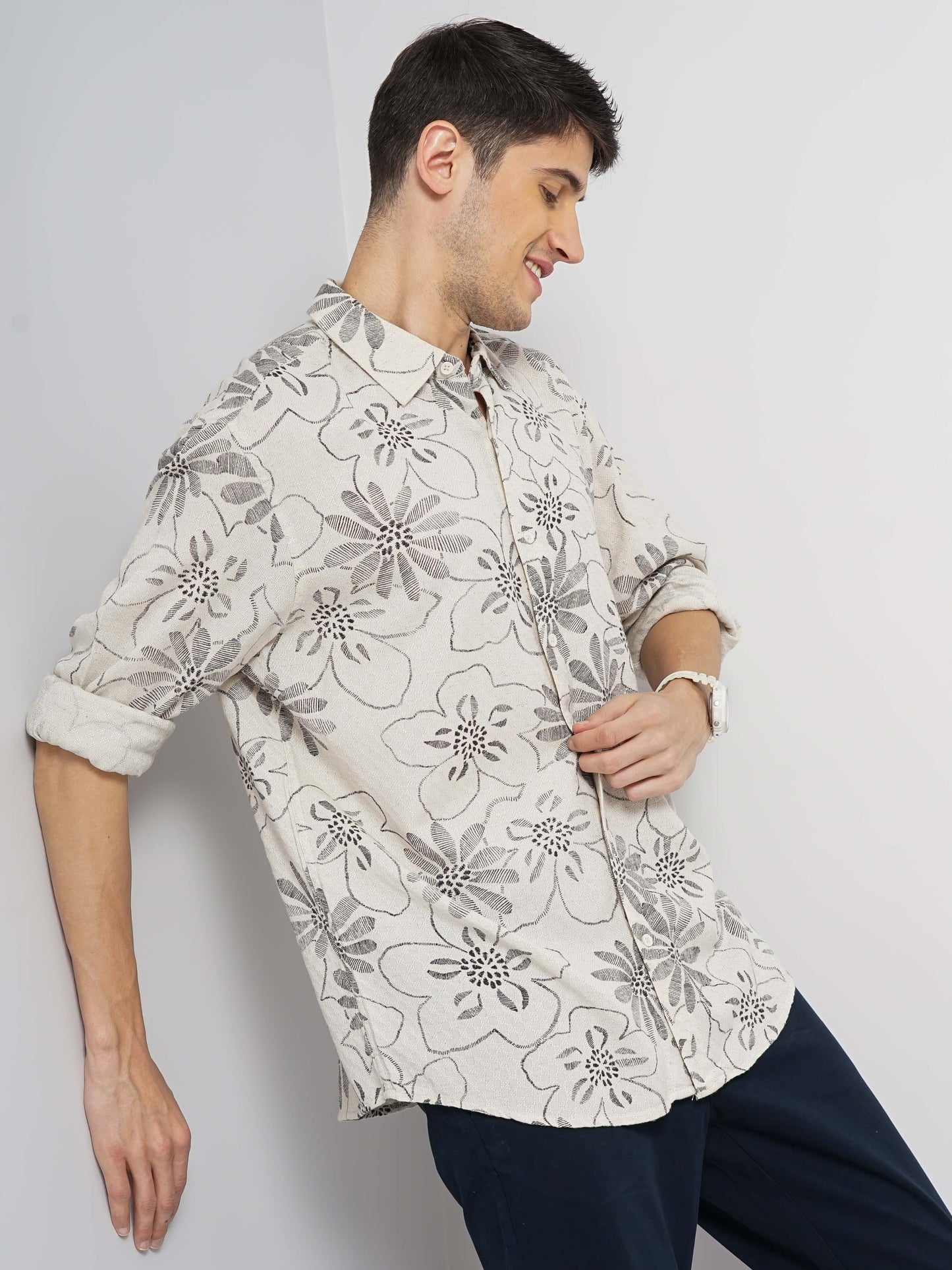 Celio* Printed Regular Fit Cotton Off White Shirt