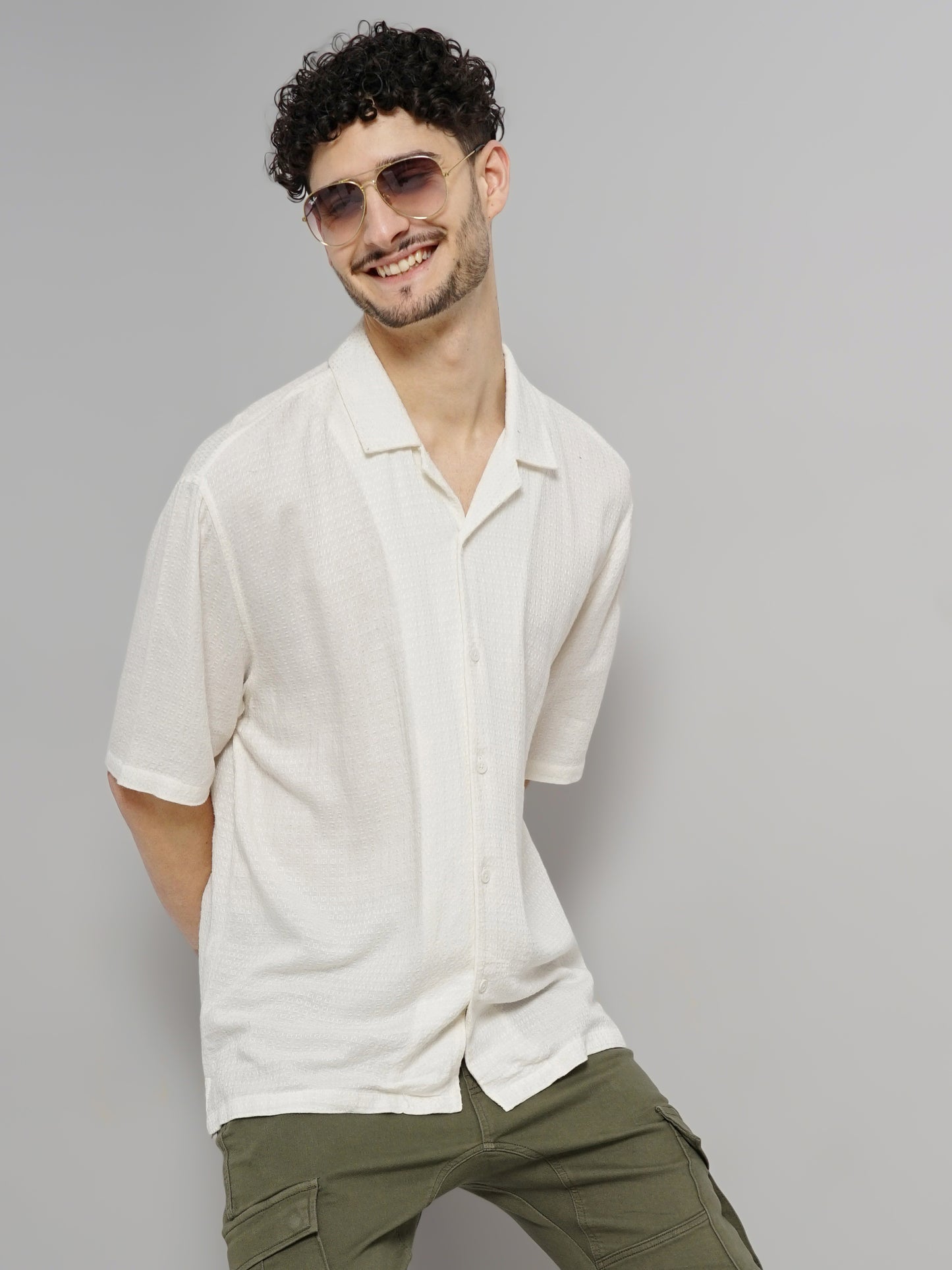 Celio* Solid Regular Fit Viscose Off White Shirt